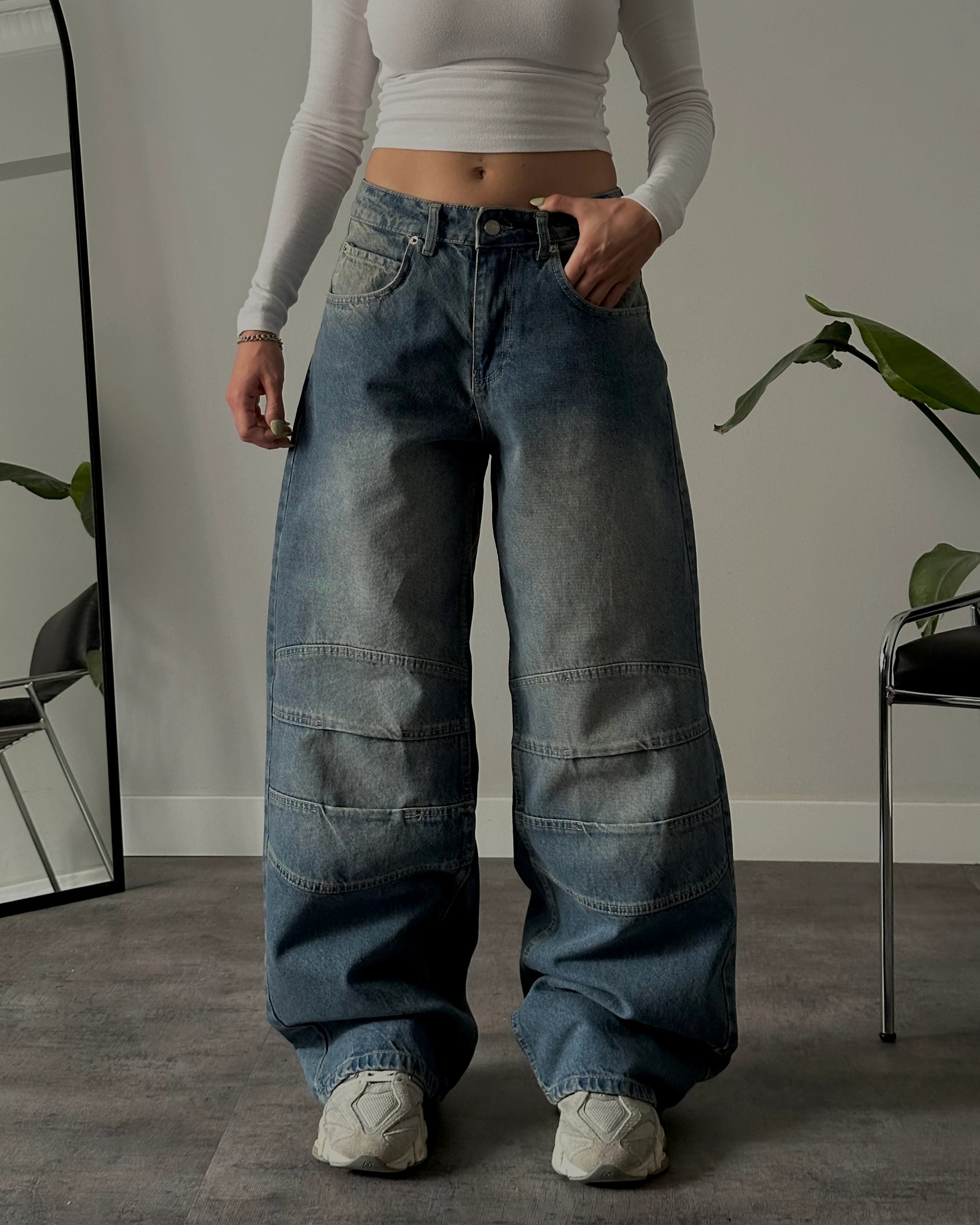 Yüksek Bel Mavi Dizi Pileli Ultra Baggy Vintage Jean