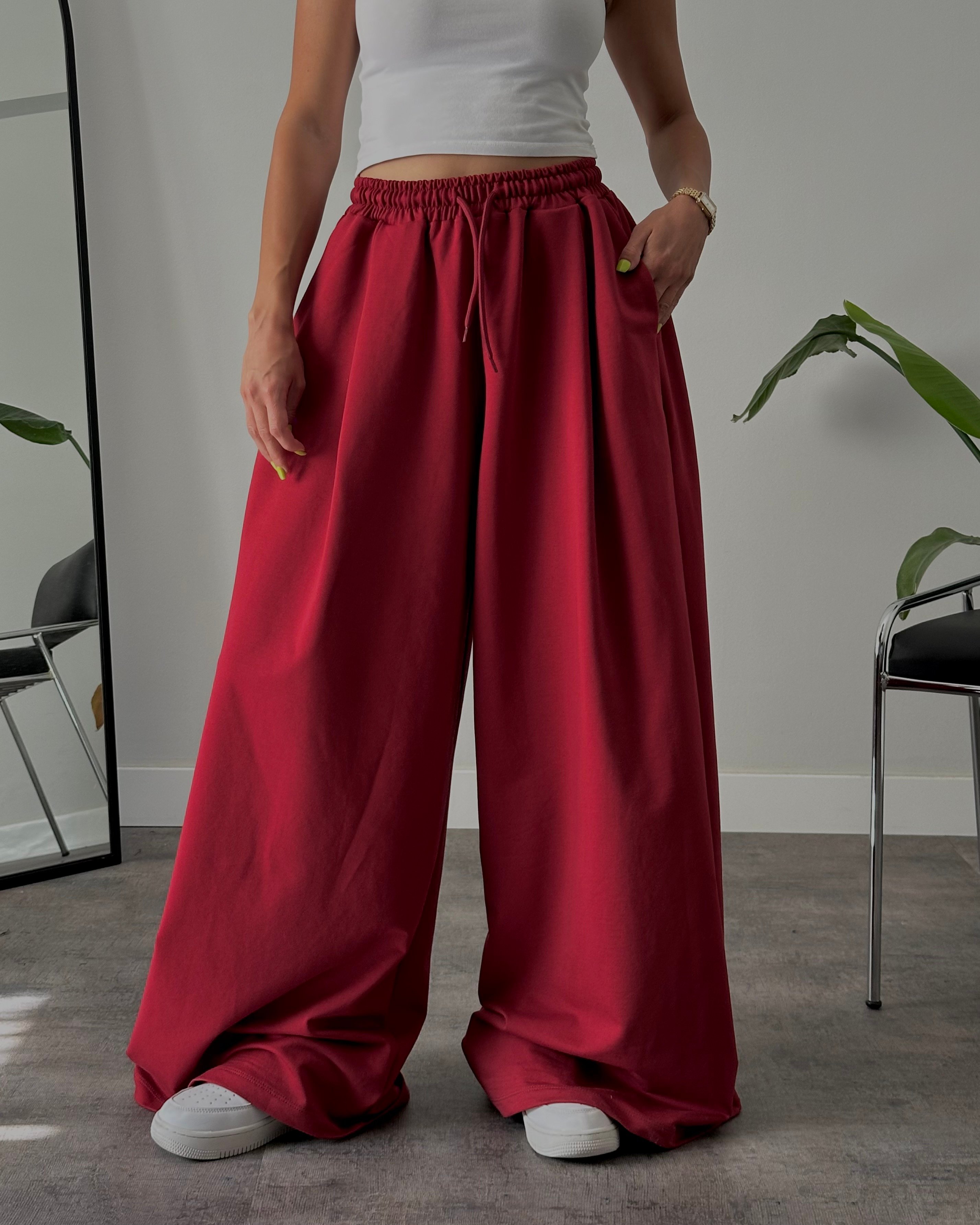 Yüksek Bel Extra Oversize Eşofman Altı - Burgundy