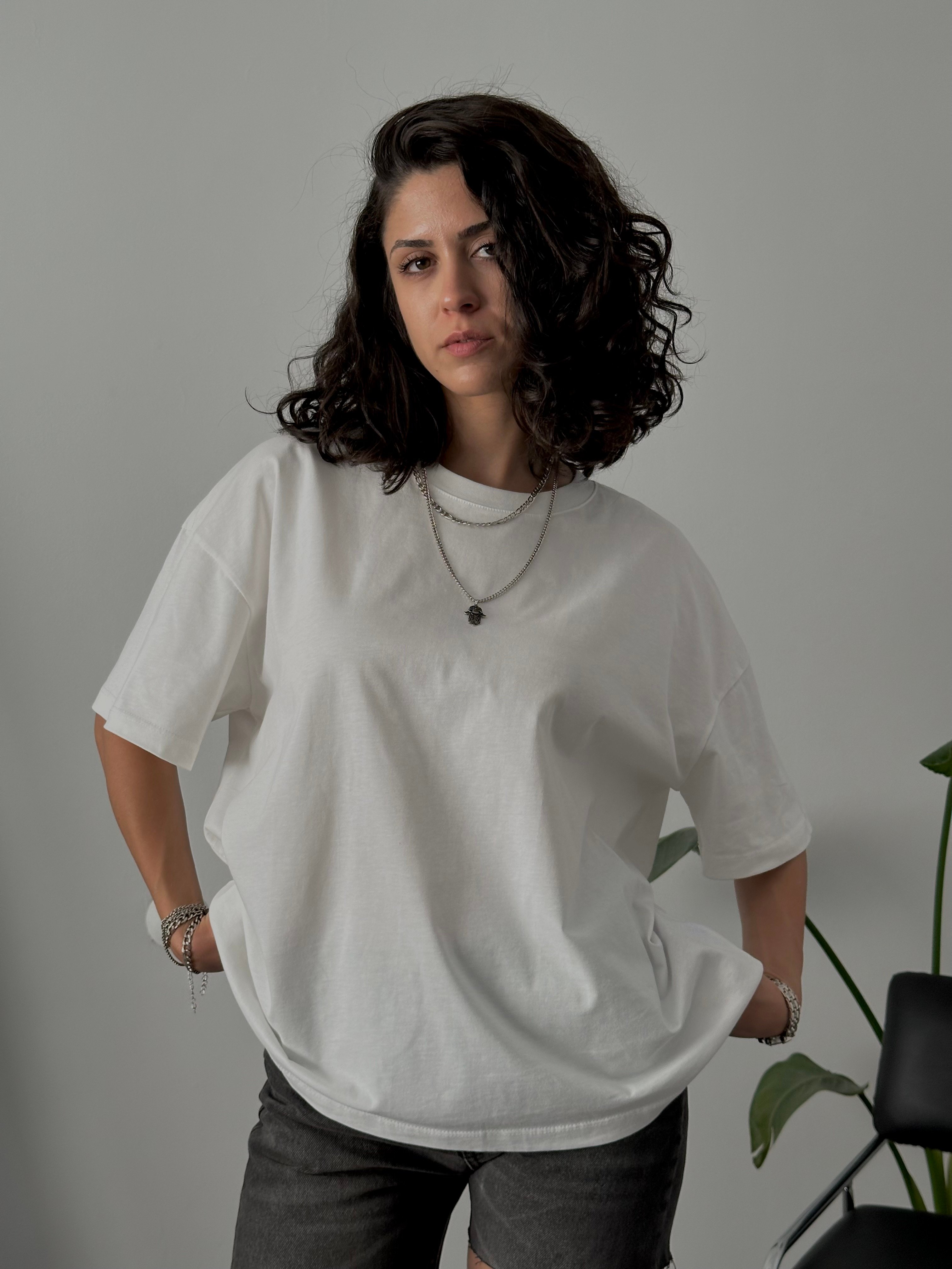 %100 Pamuk Oversize Basic Tişört - Beyaz