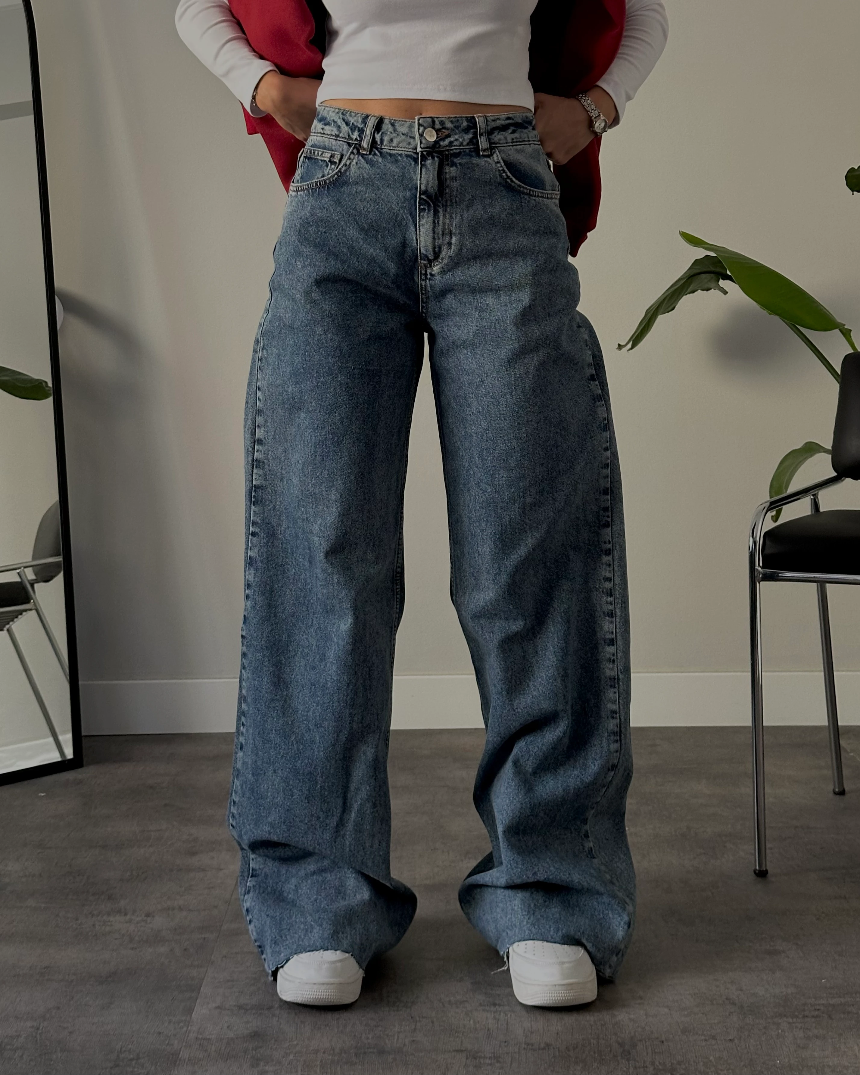 Yüksek Bel Mavi Yıkamalı Wide Leg Jean