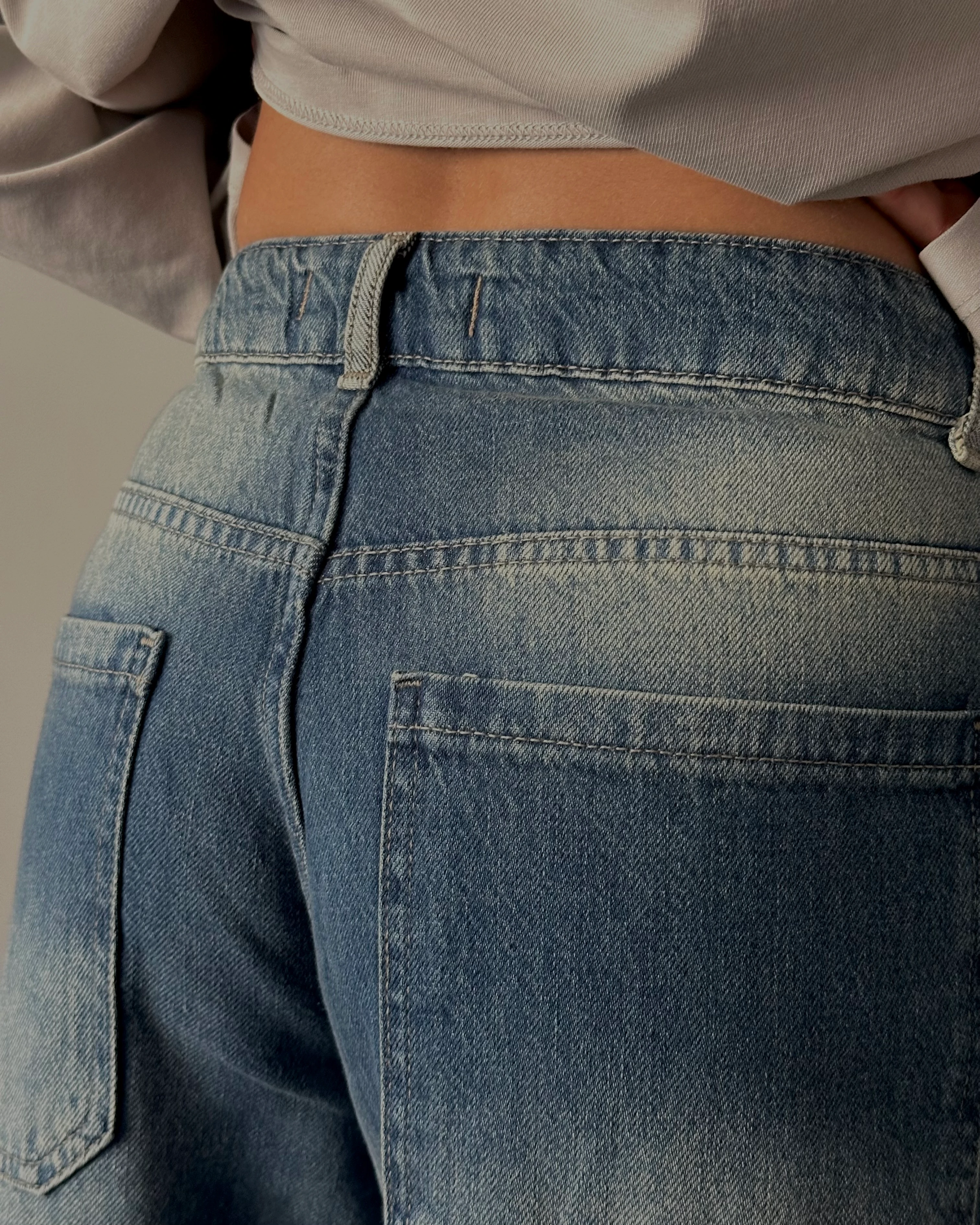 Yüksek Bel Mavi Dizi Yamalı Retro Baggy Jean