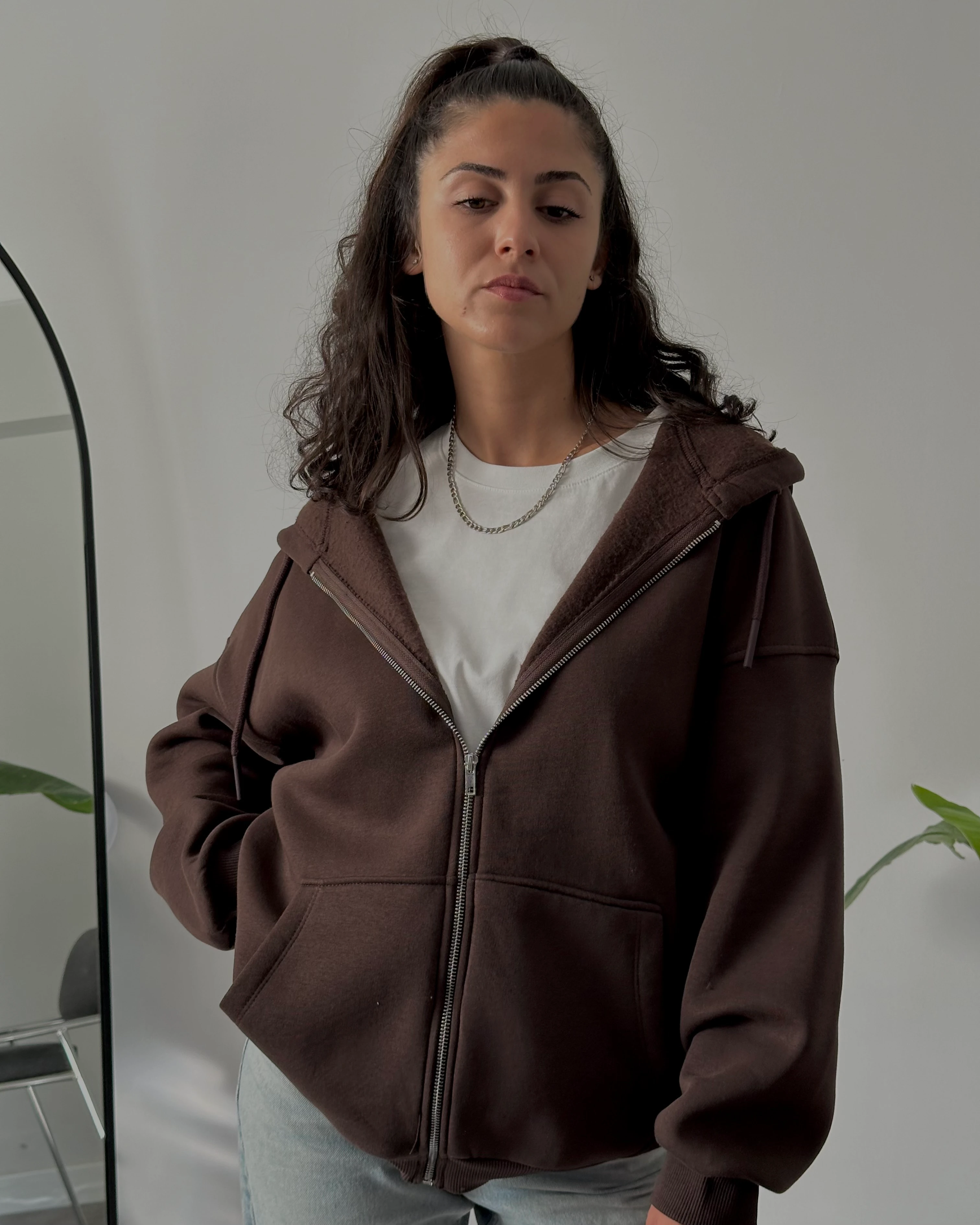 Fermuarlı Kapüşonlu Oversize Sweatshirt - Kahverengi