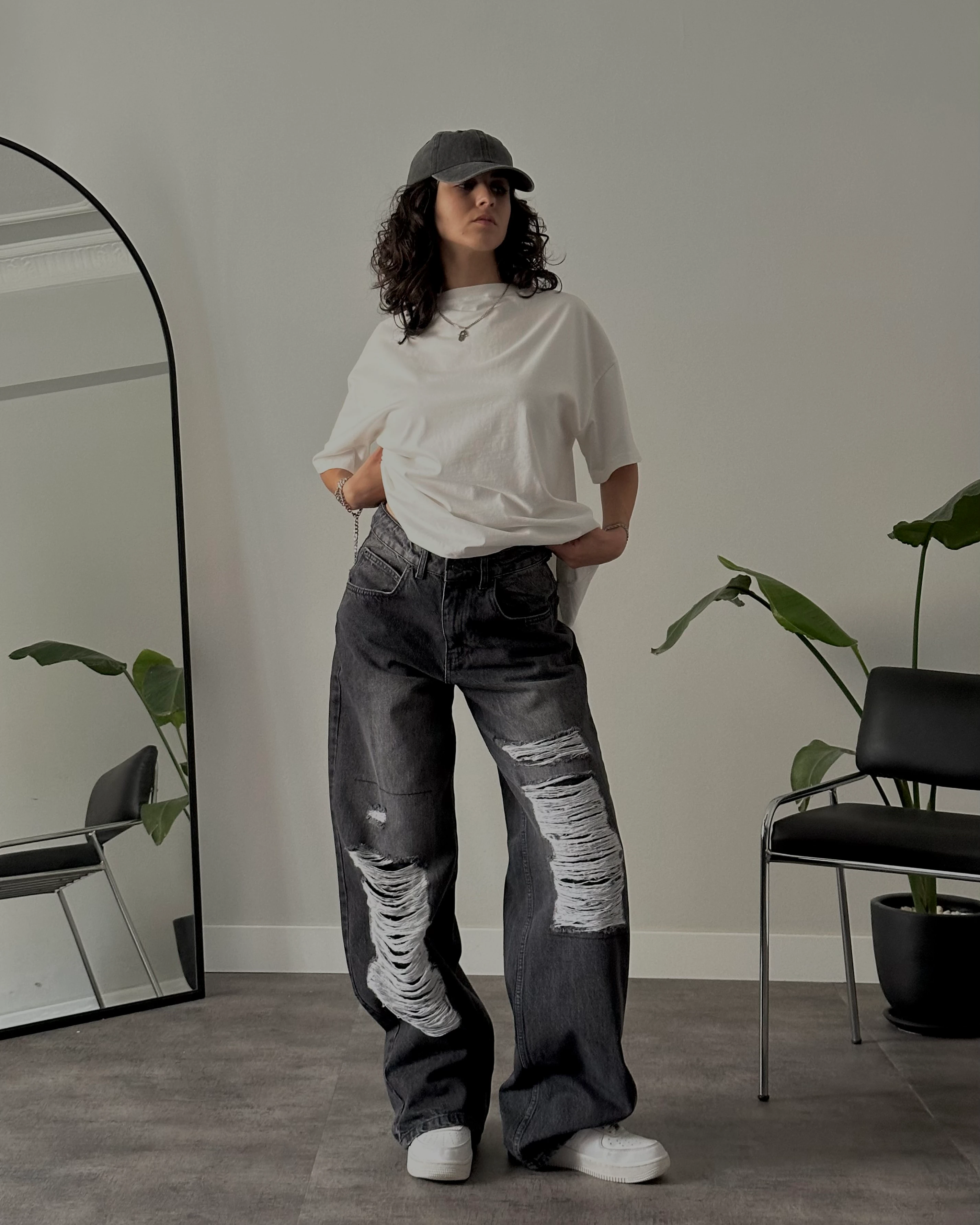 Yüksek Bel Siyah Aşırı Yırtık Baggy Jean