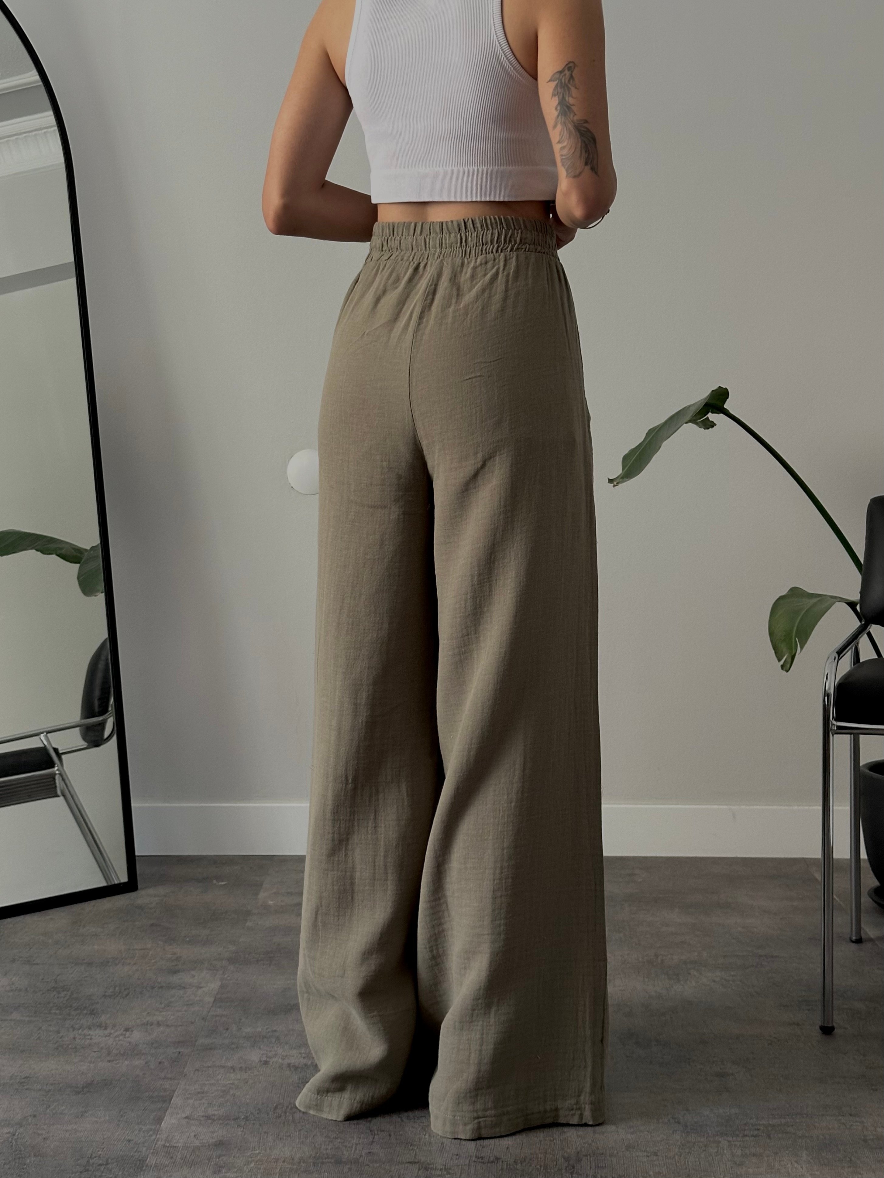 Yüksek Bel Wide Leg Müslin Pantolon
