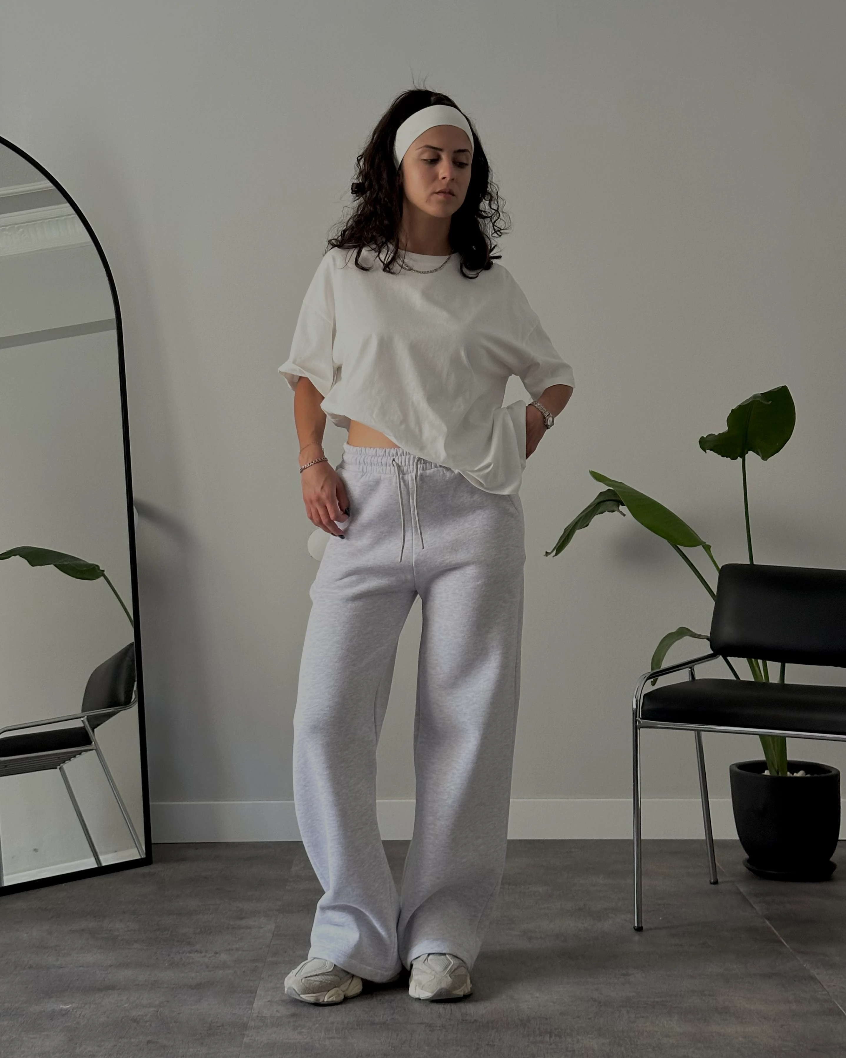 Yüksek Bel Şardonlu Rahat Kalıp Eşofman Altı - Gri