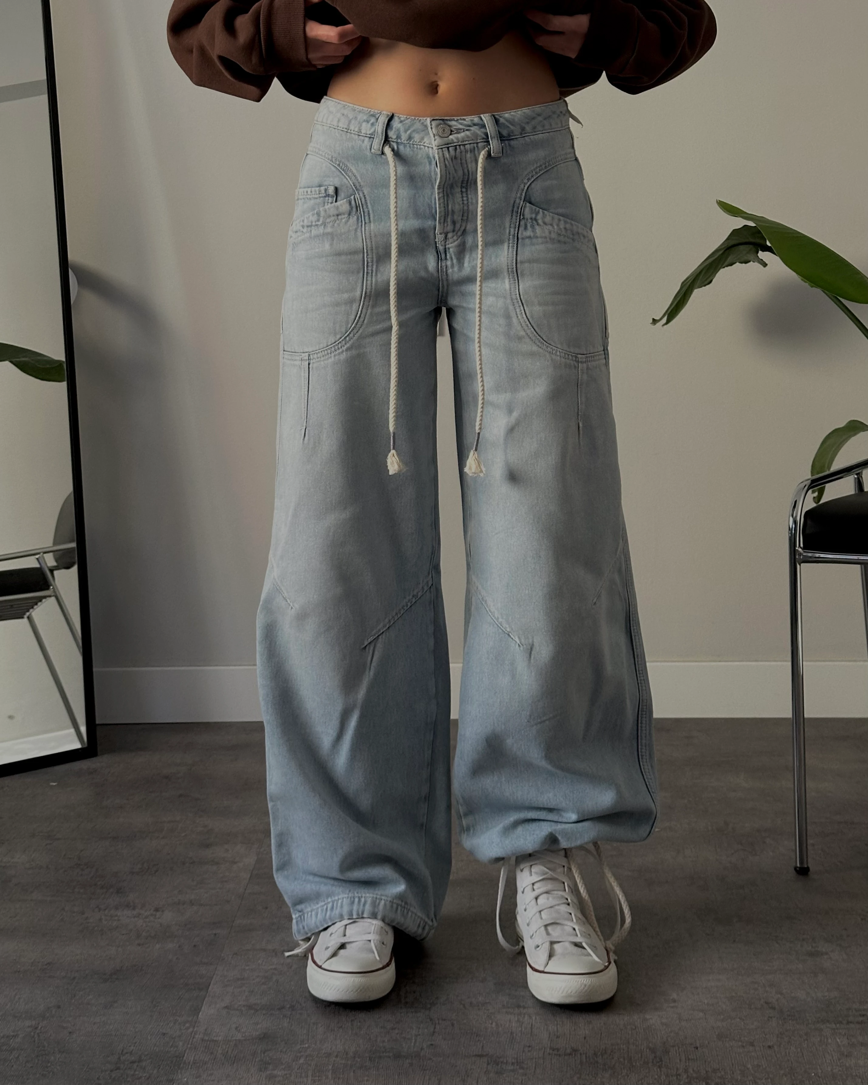 Orta Bel Relaxed Büzgülü Paça Jean - Açık Mavi Denim