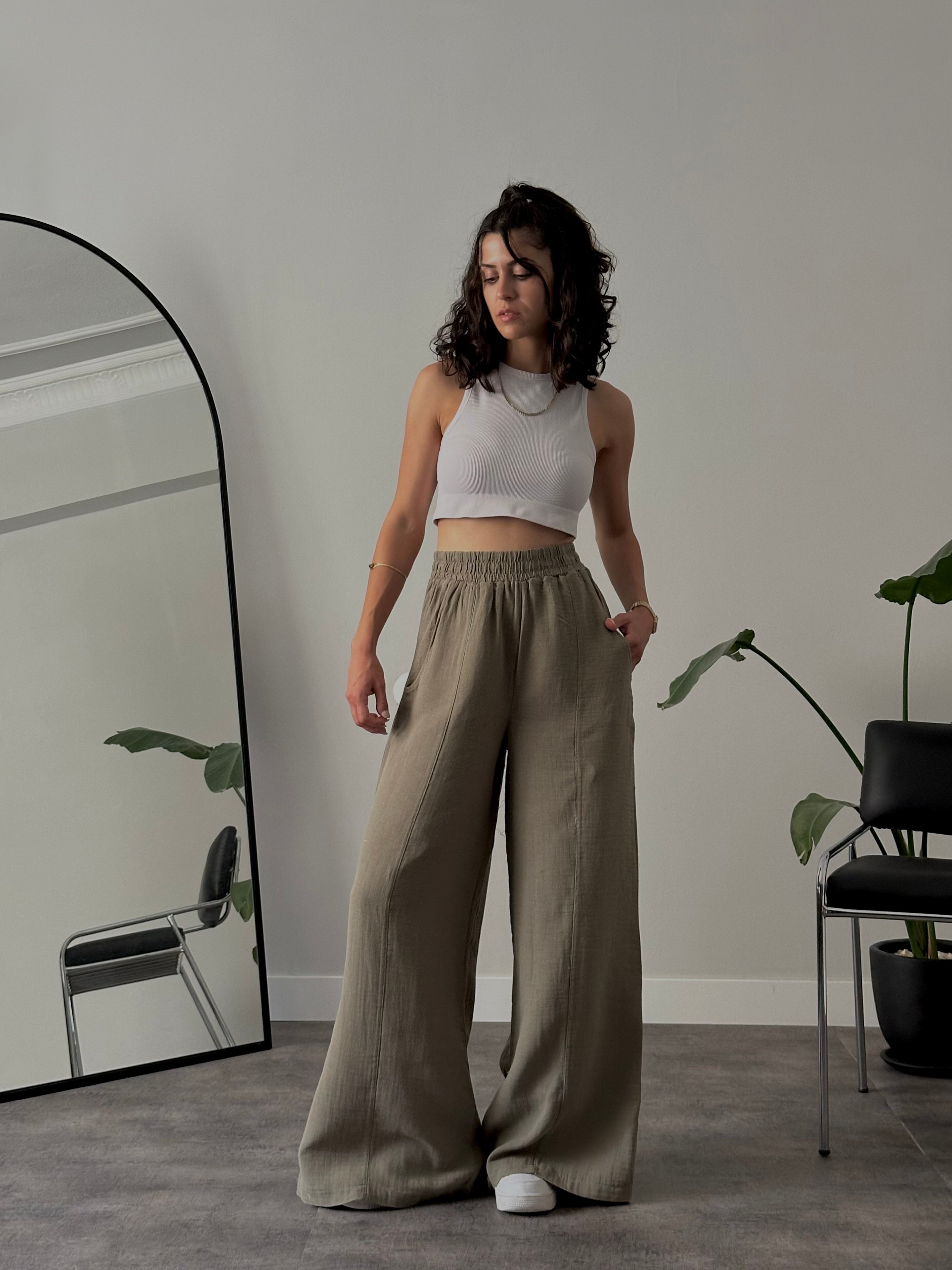 Yüksek Bel Wide Leg Müslin Pantolon