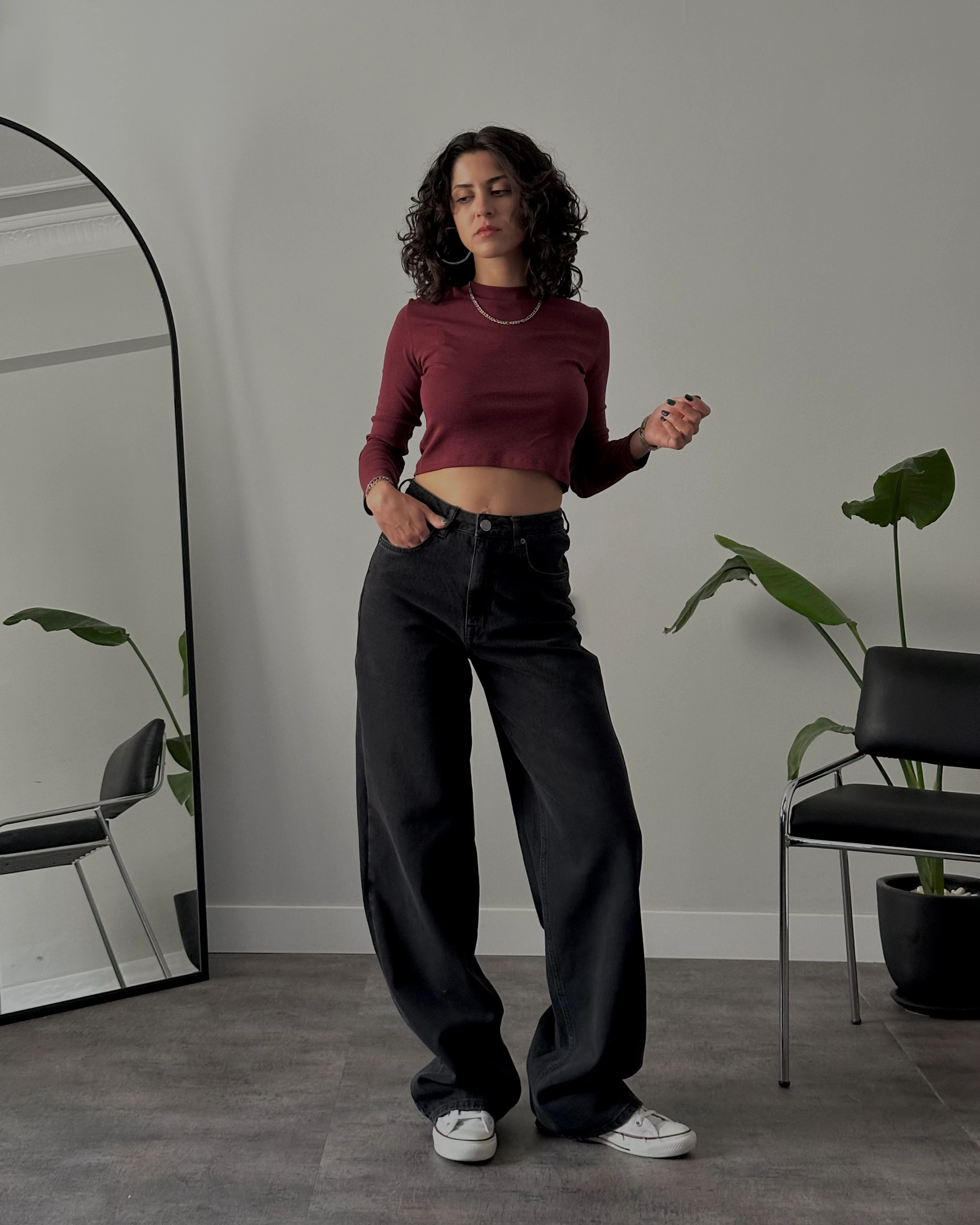 Yüksek Bel Hafif Yıkamalı Siyah Baggy Jean