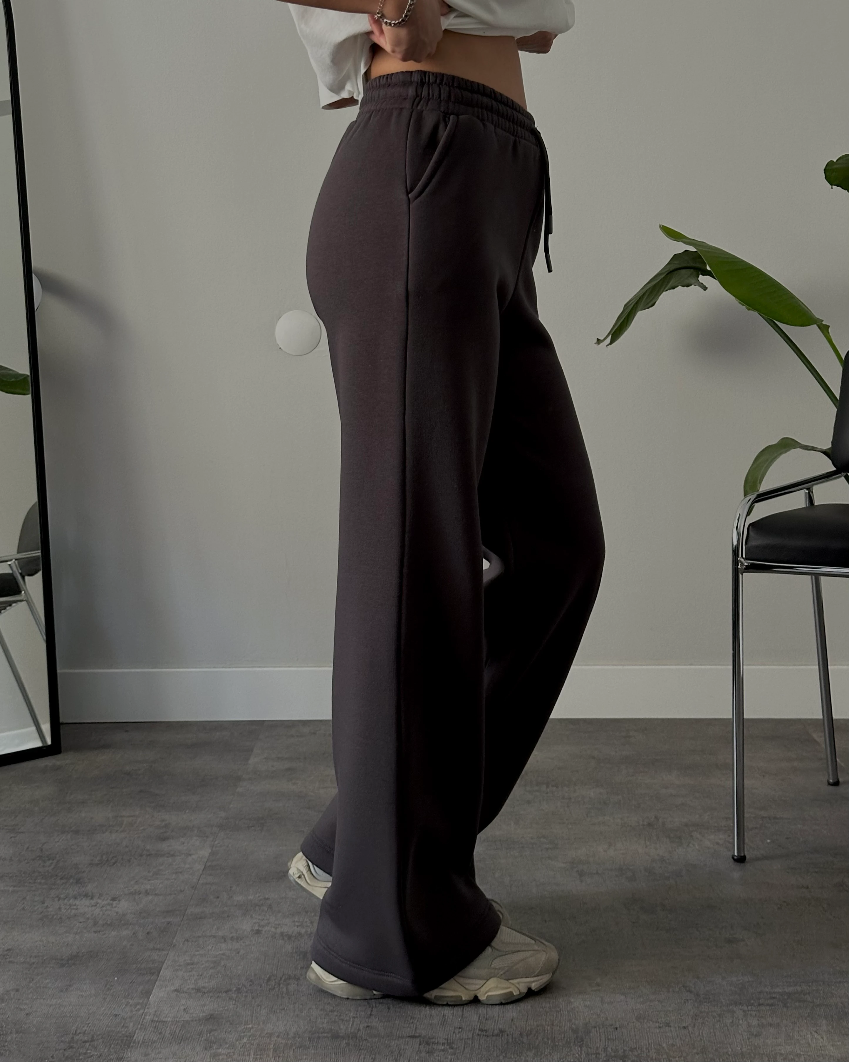 Yüksek Bel Şardonlu Rahat Kalıp Eşofman Altı - Antrasit