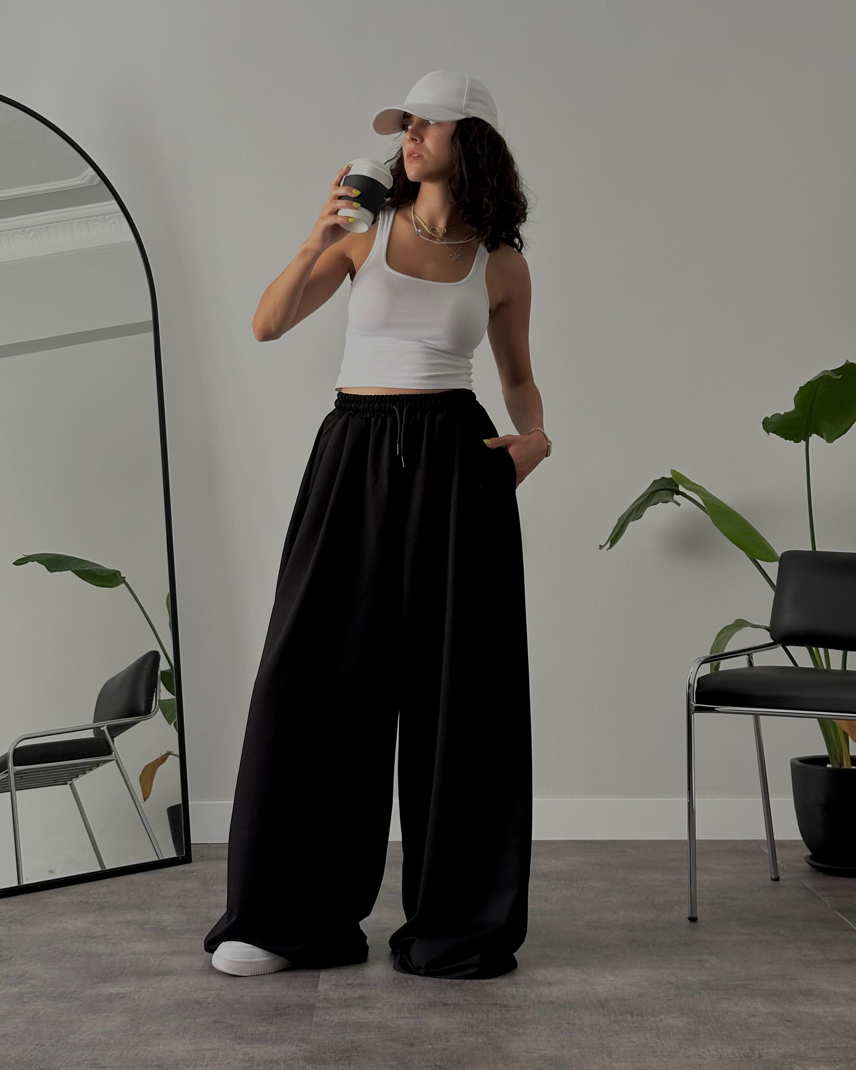 Yüksek Bel Extra Oversize Eşofman Altı - Black