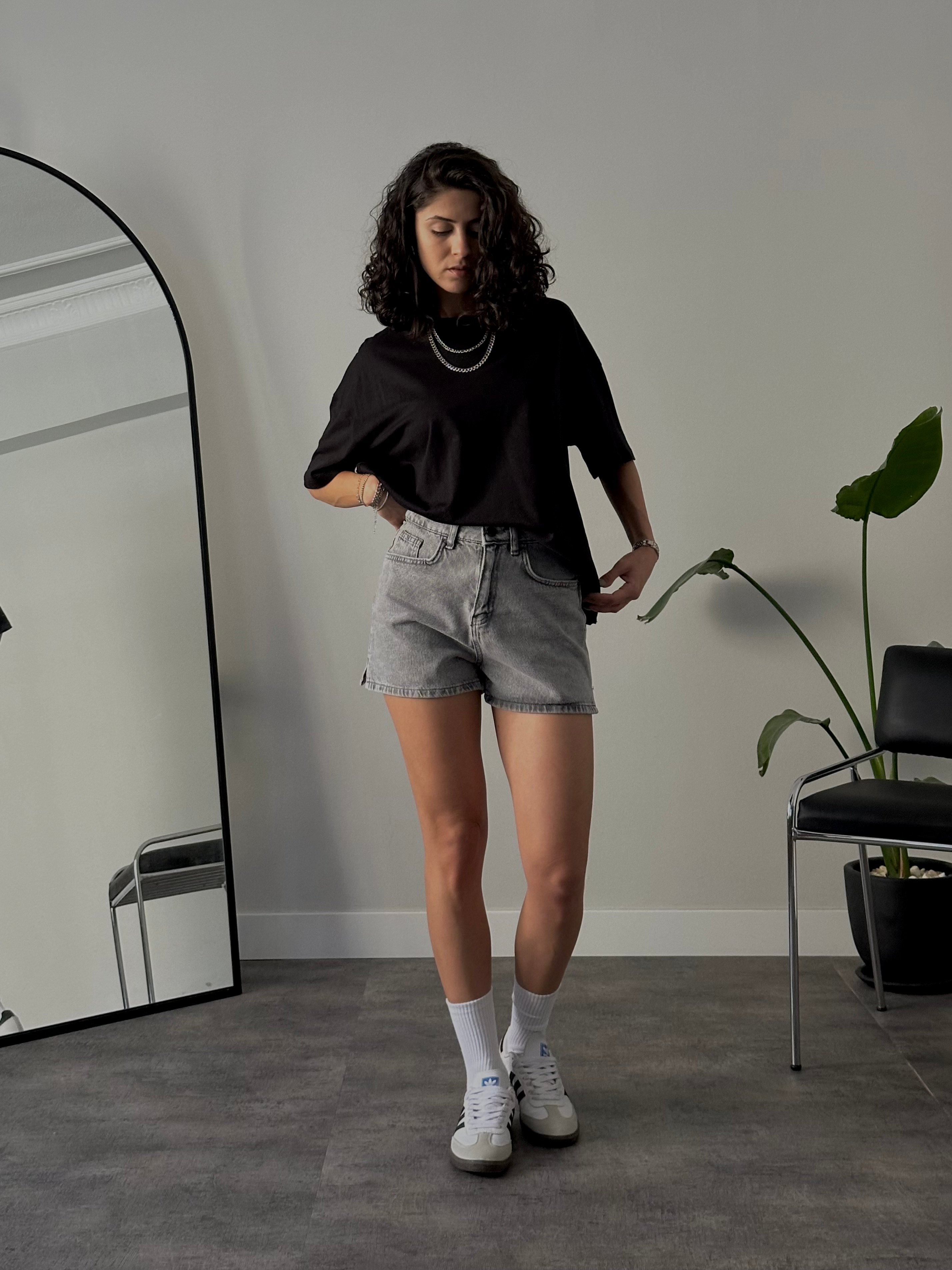 Vintage Gri Yüksek Bel Mom Denim Şort