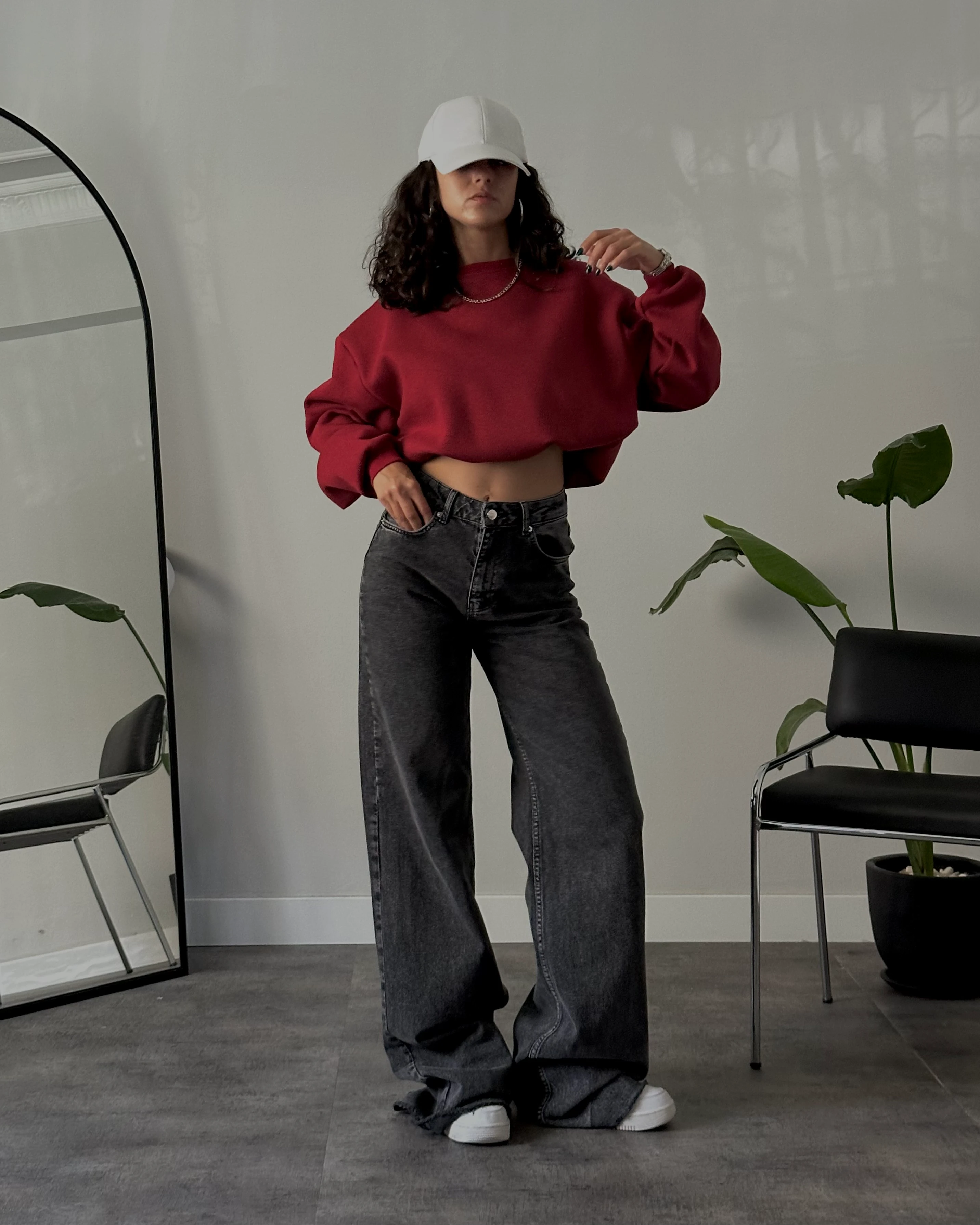 Yüksek Bel Koyu Gri Wide Leg Jean