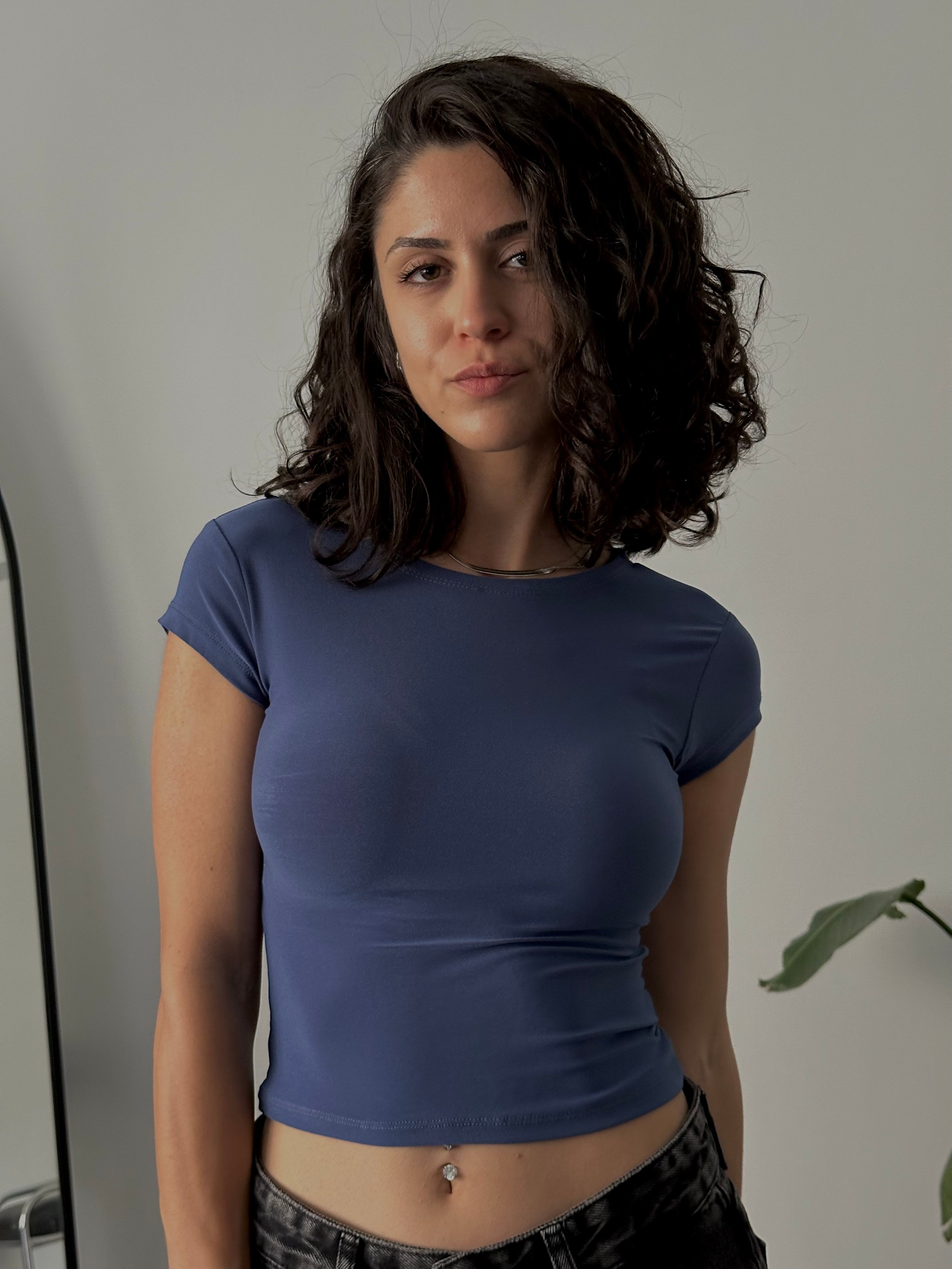 Slim Fit Basic Kısa Kollu Crop  - İndigo