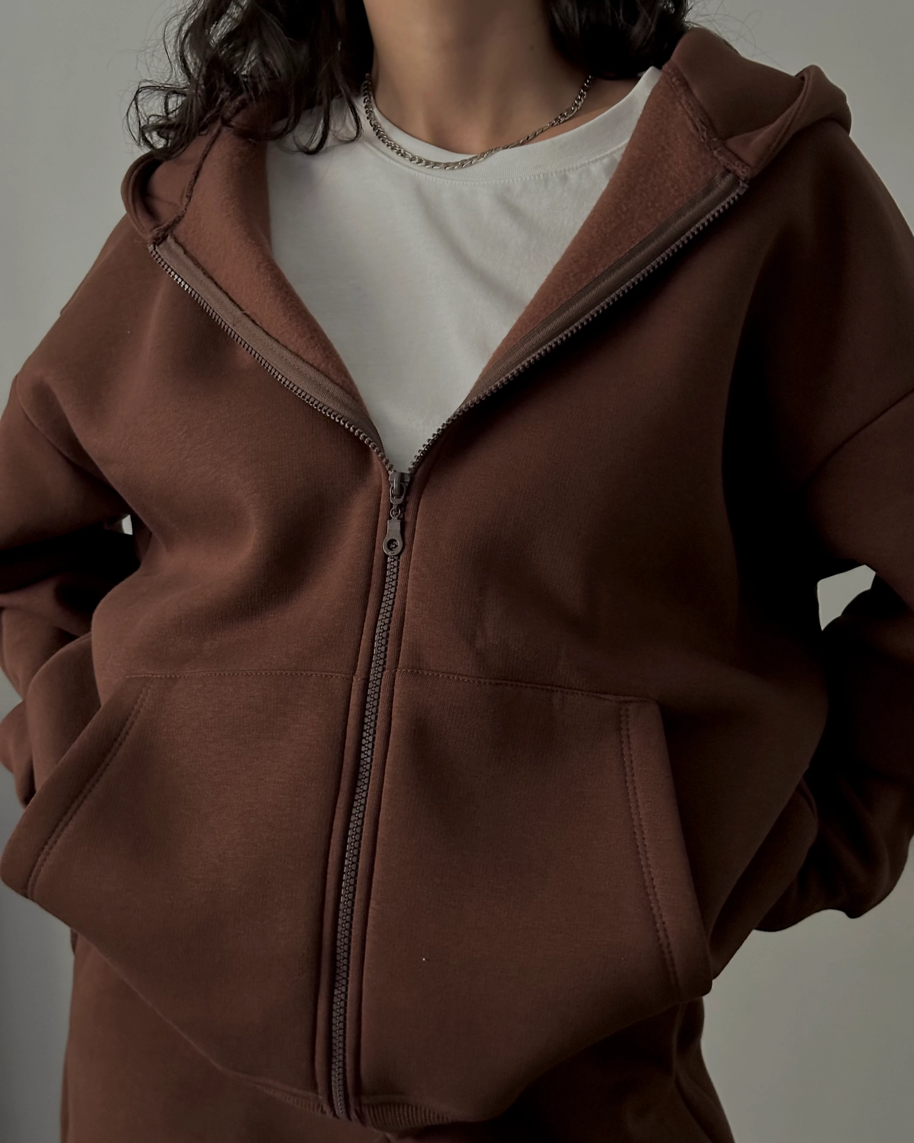 Fermuarlı Kapüşonlu Oversize Kadın Sweatshirt - Kahverengi