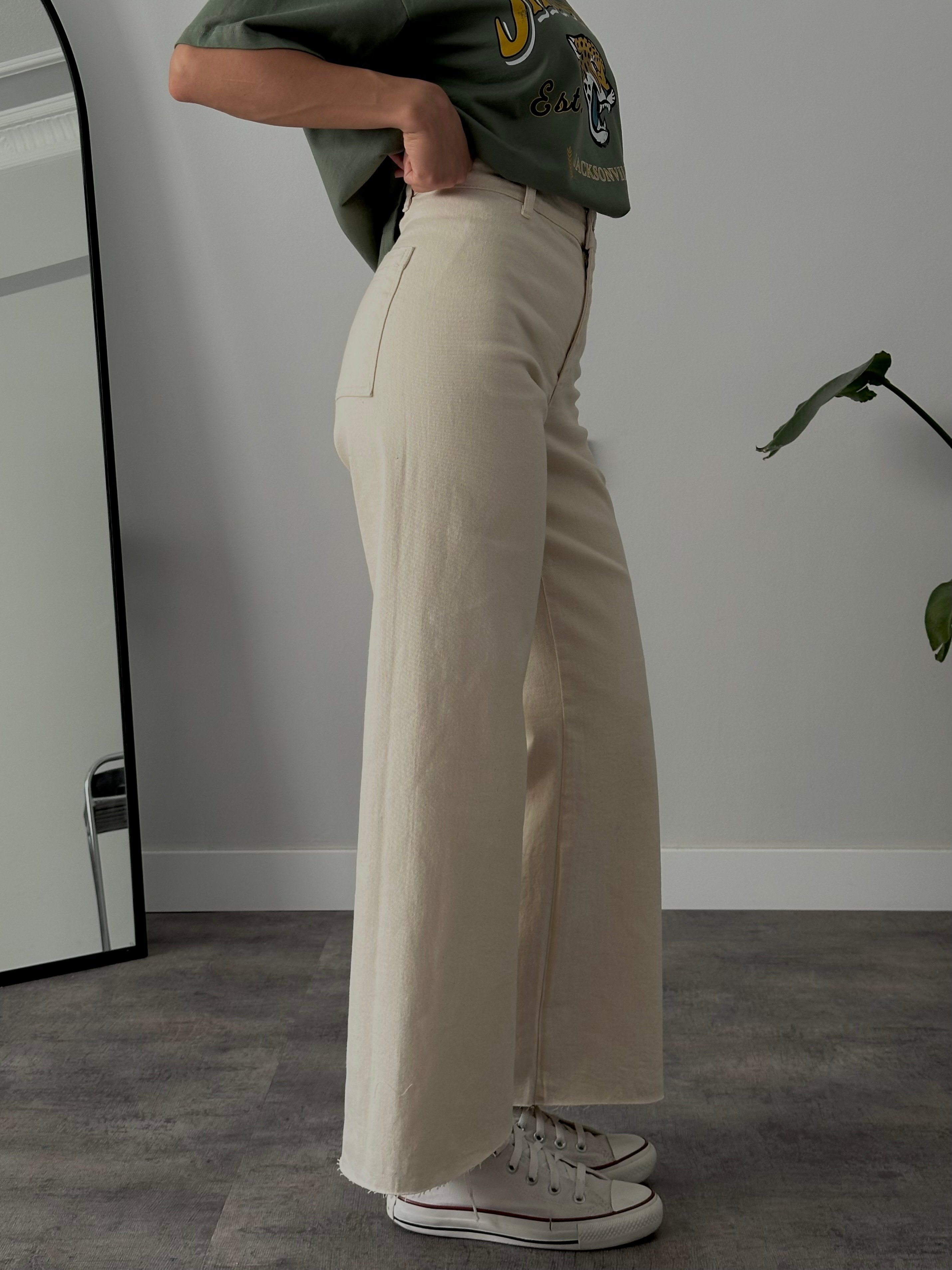 Yüksek Bel Wide Leg Jean - Ekru
