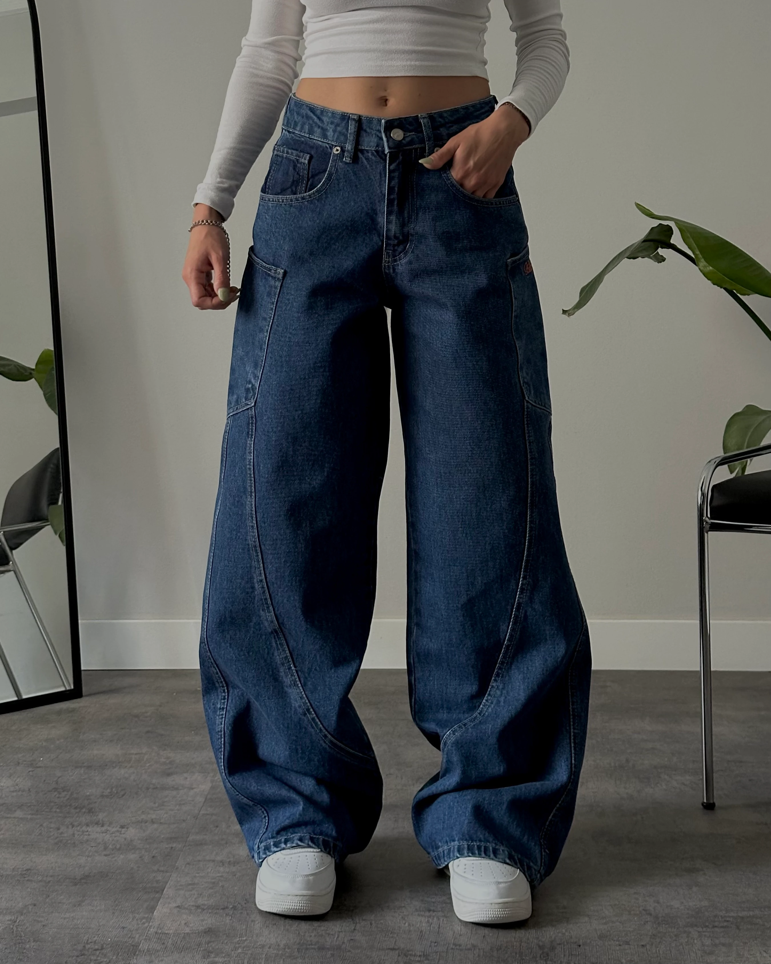 Yüksek Bel Mavi Kargo Detaylı Baggy Jean