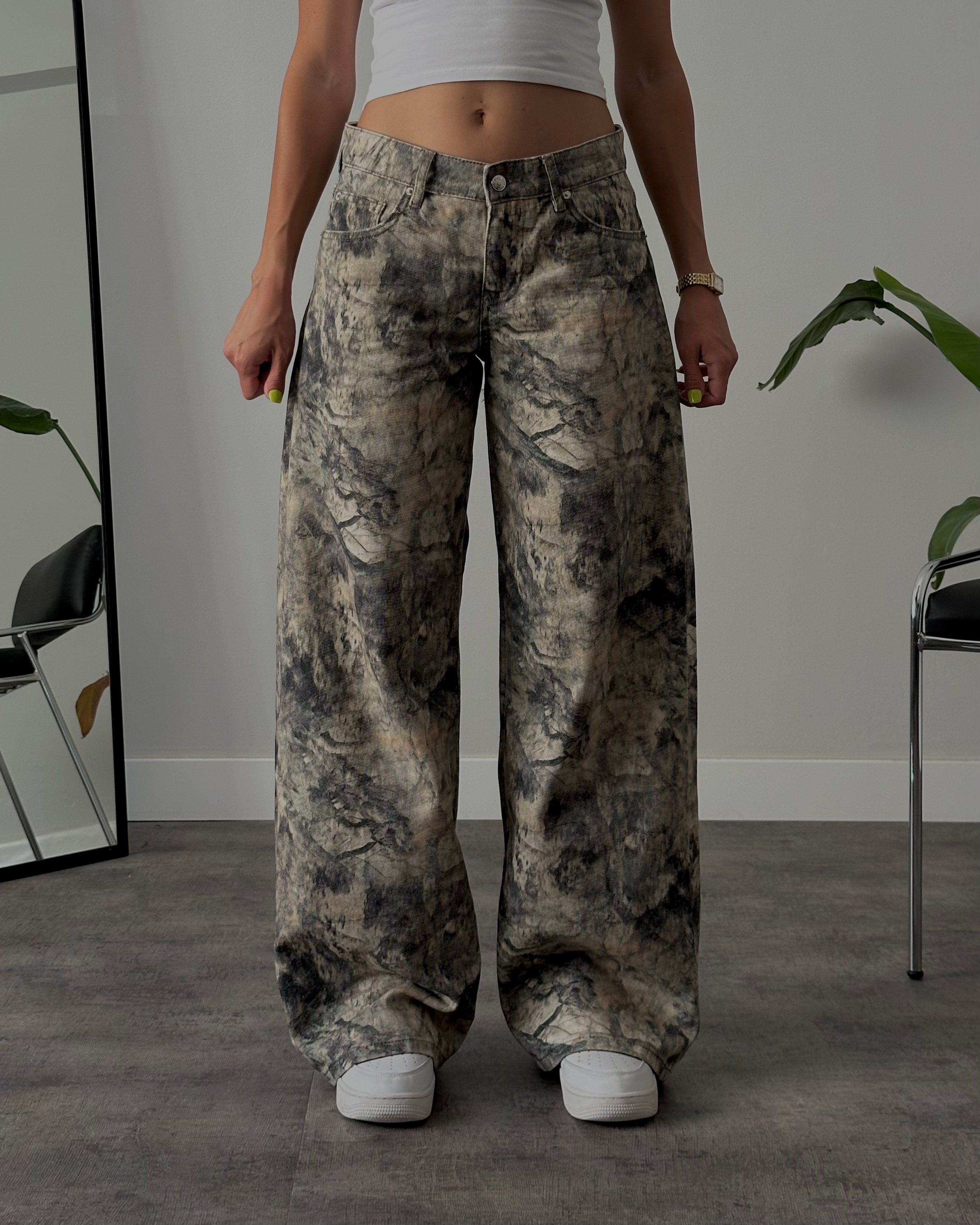 Baskılı Düşük Bel Baggy Fit Pantolon