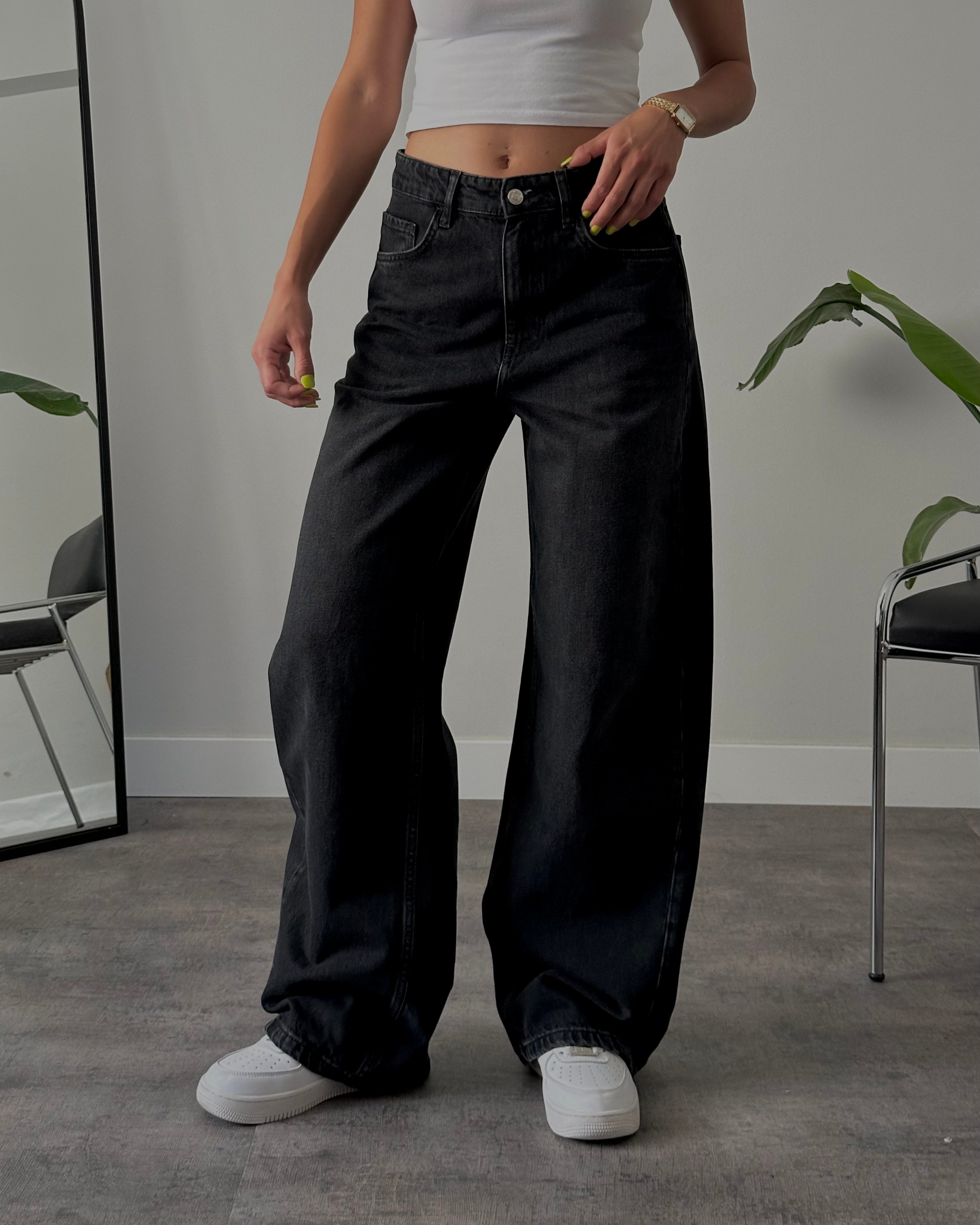 Yüksek Bel Siyah Baggy Jean