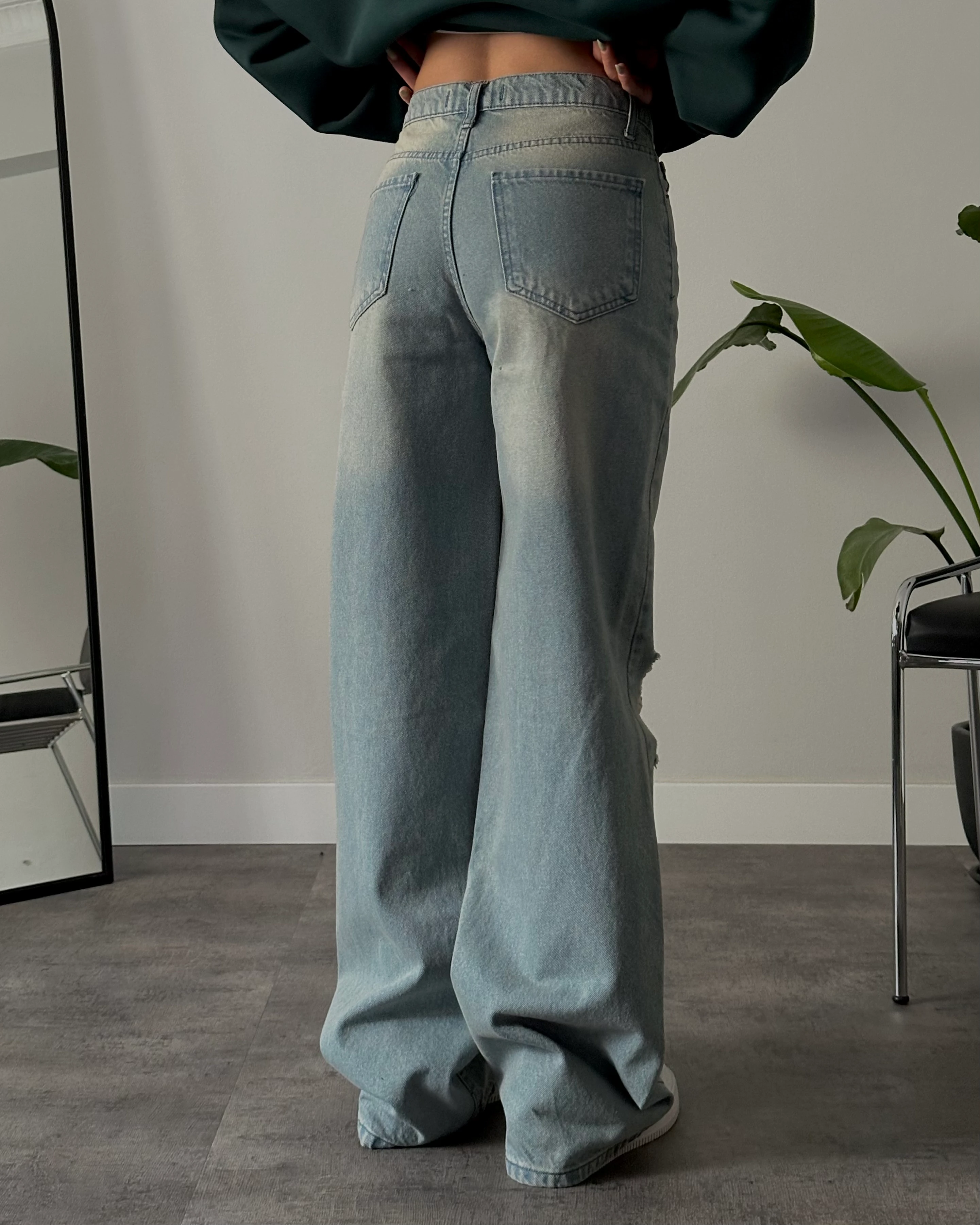 Yüksek Bel Yırtık Detaylı Mavi Vintage Baggy Fit Jean