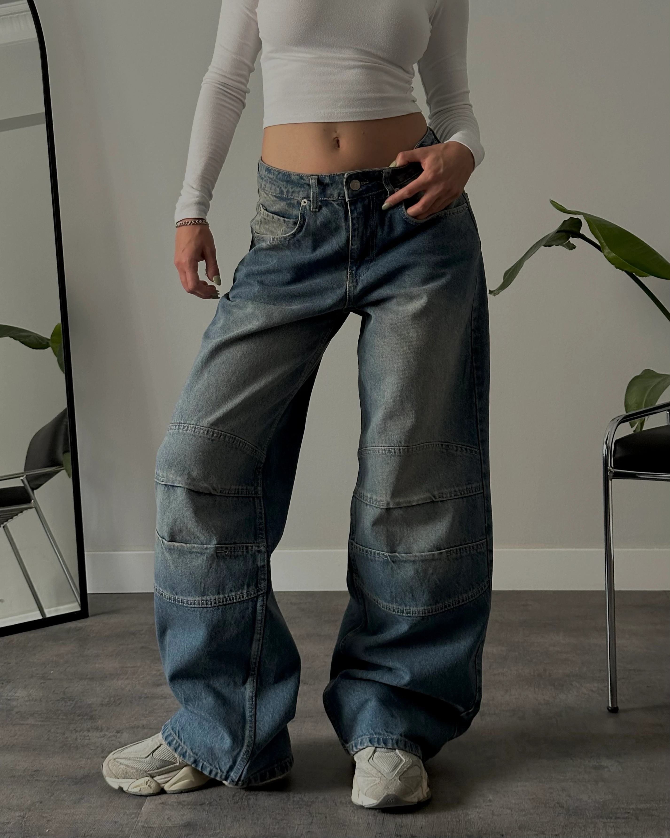 Yüksek Bel Mavi Dizi Pileli Ultra Baggy Vintage Jean