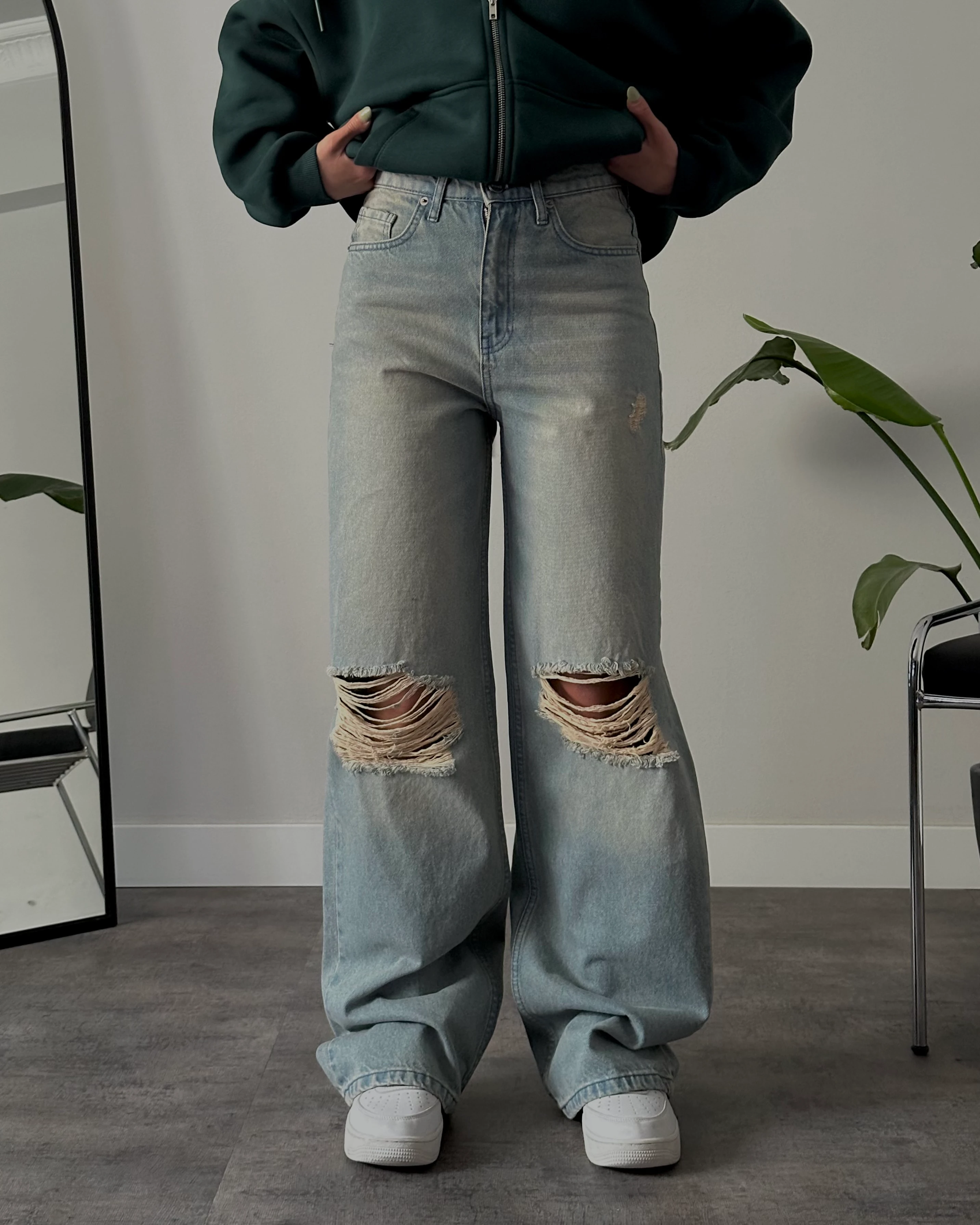 Yüksek Bel Yırtık Detaylı Mavi Vintage Baggy Fit Jean