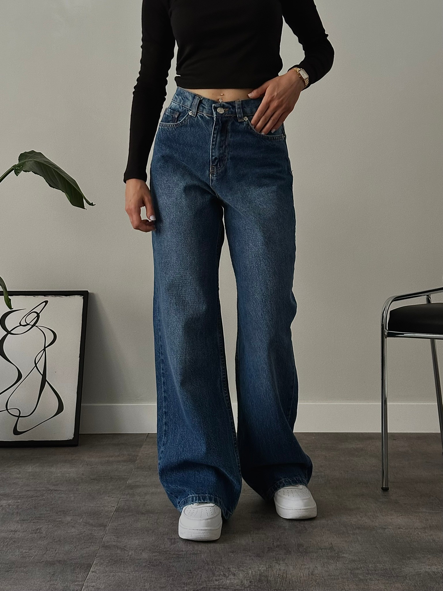 Yüksek Bel Yıkamalı Extra Wide Leg Jean - Koyu Mavi Denim