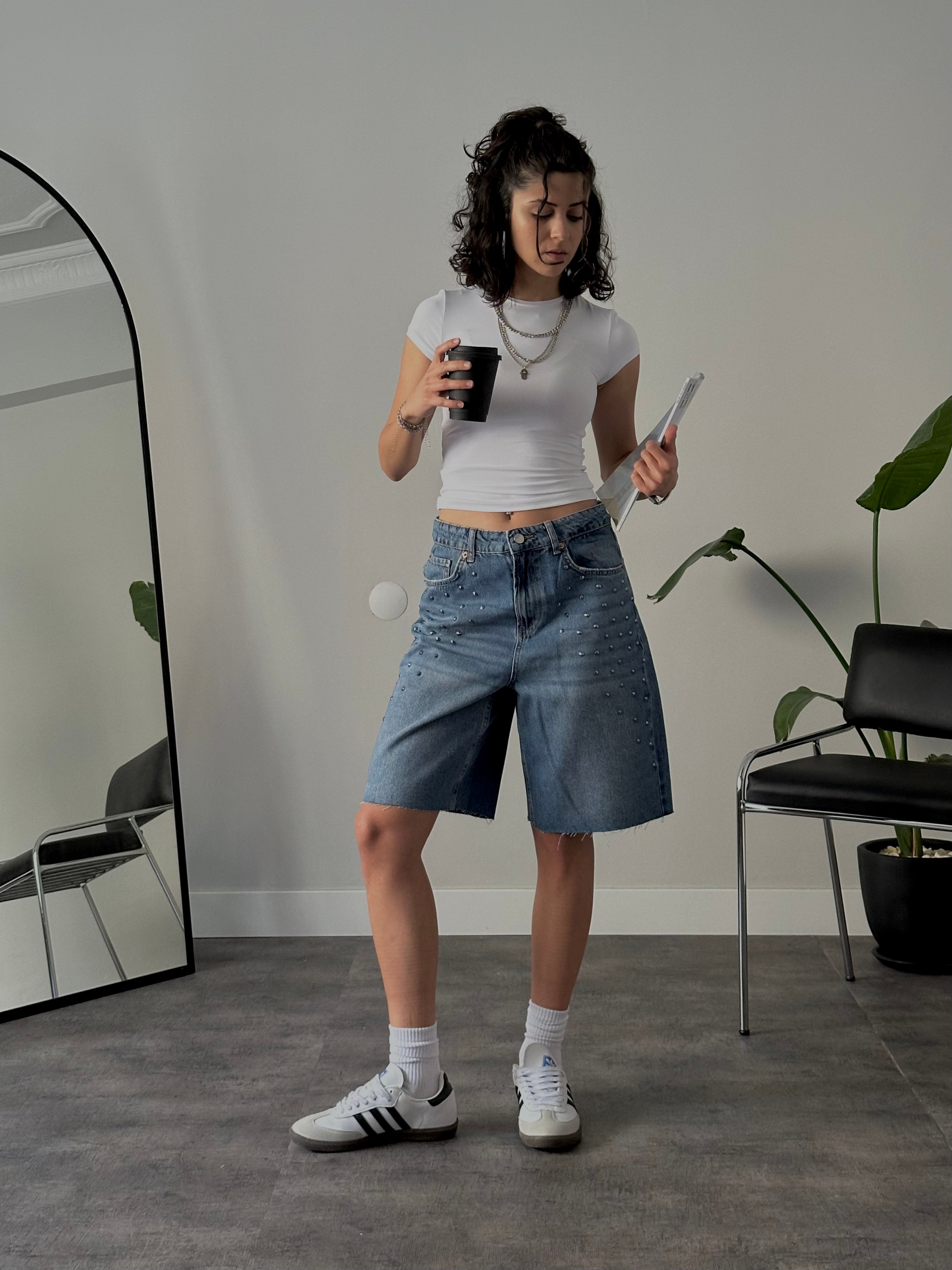Zımba Detaylı Relaxed Fit Jort Denim Bermuda - Kesik Paça