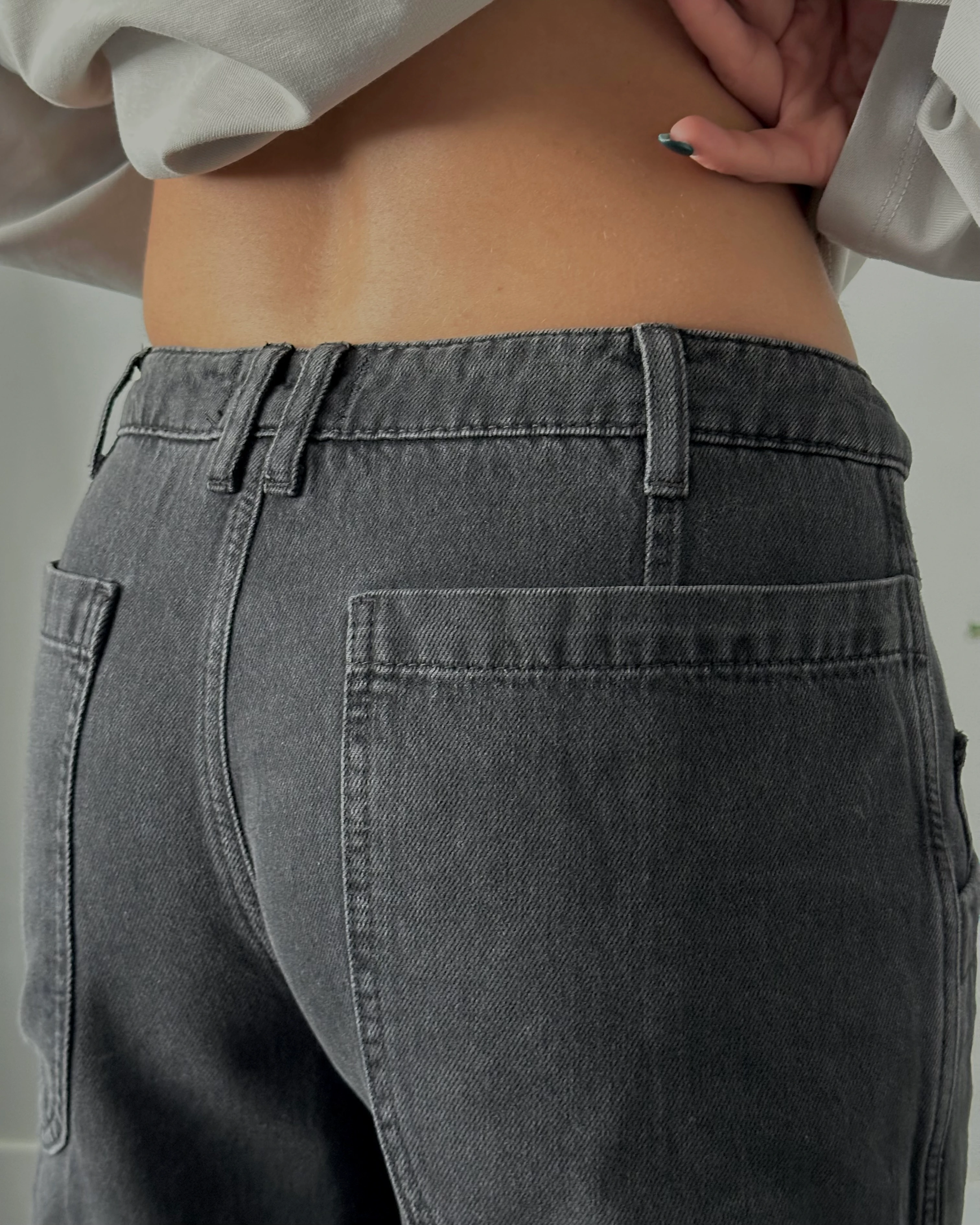 Orta Bel Relaxed Büzgülü Paça Jean - Siyah Denim