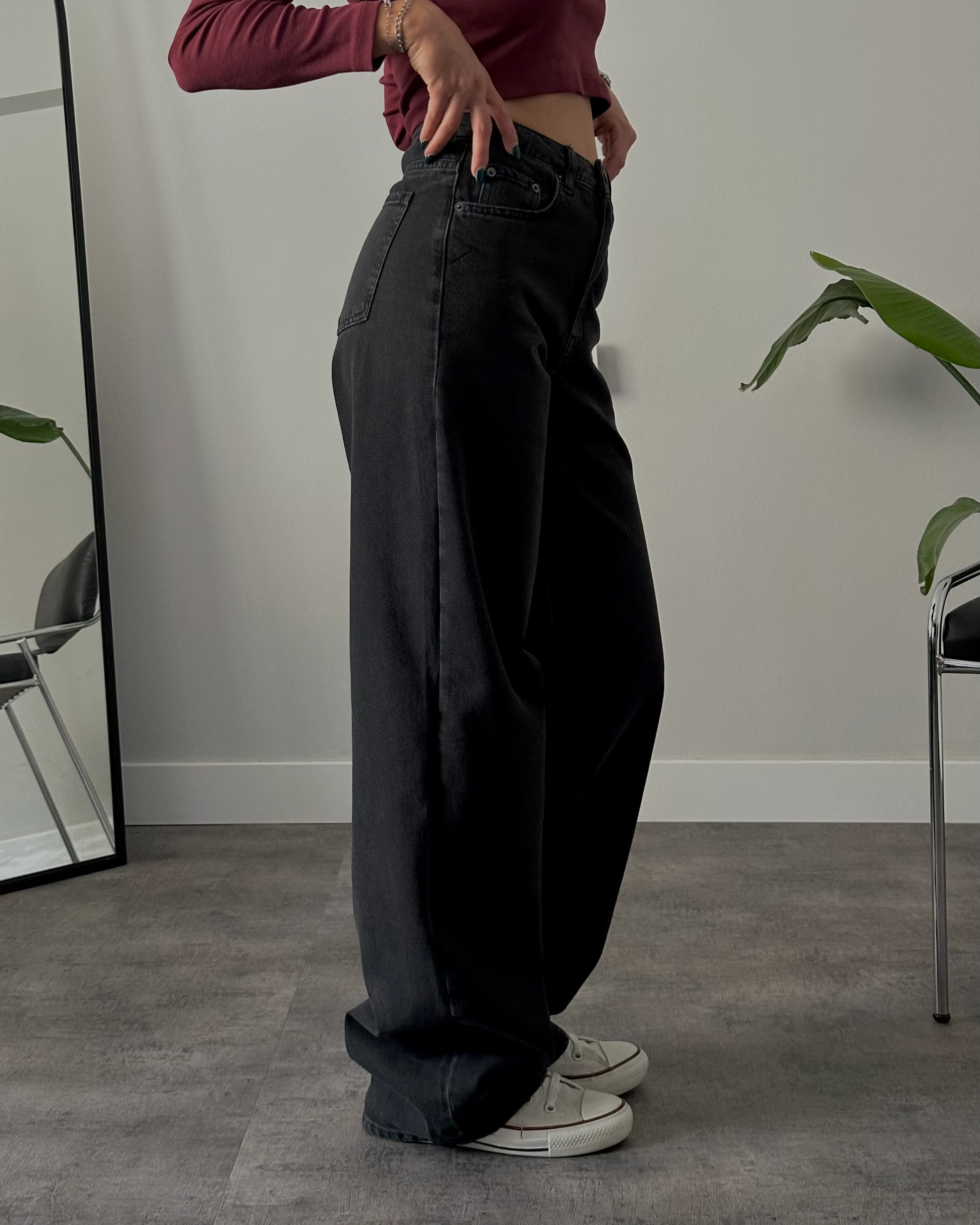 Yüksek Bel Hafif Yıkamalı Siyah Baggy Jean