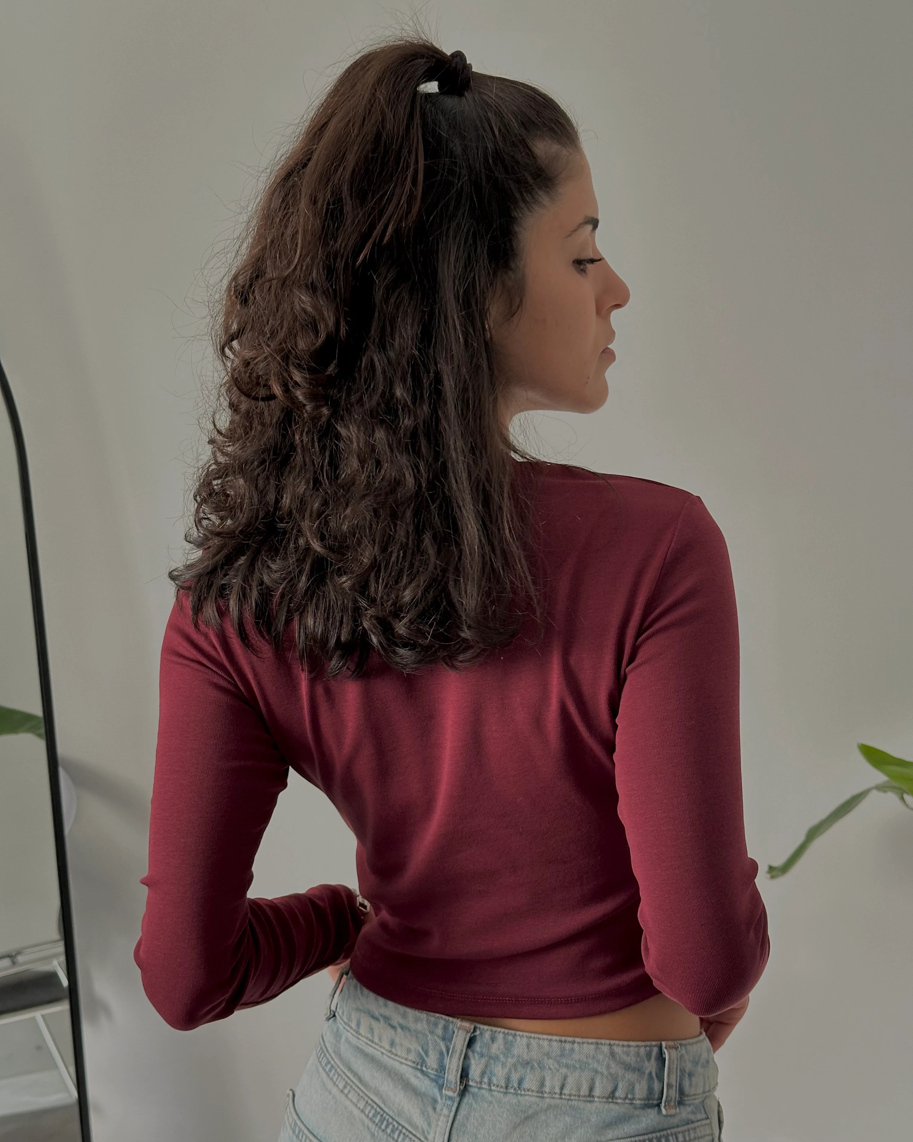 Bisiklet Yaka Uzun Kollu Crop Body - Bordo