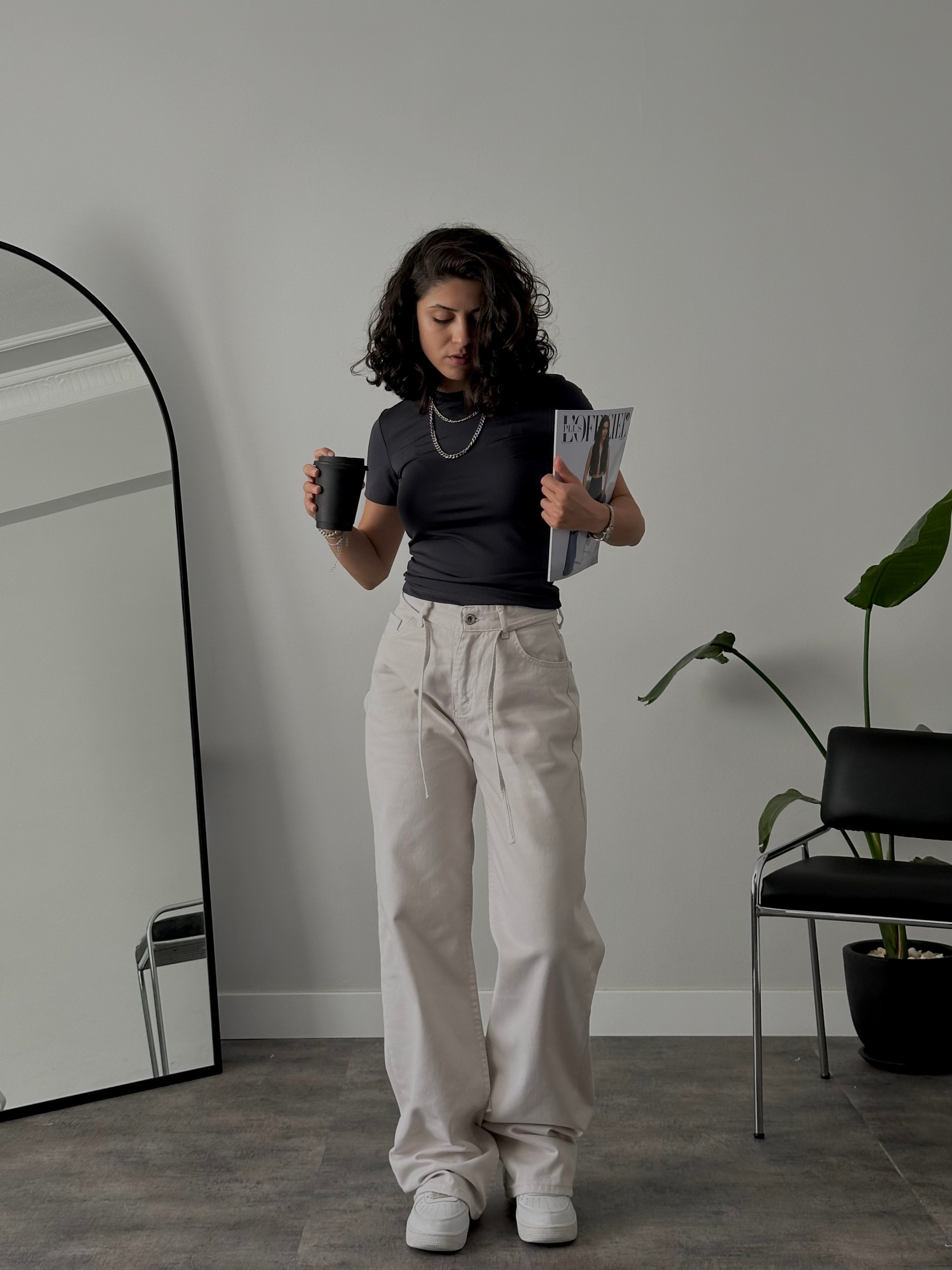 Yüksek Bel Lastikli Bağcıklı Mom Jean - Taş Rengi Denim