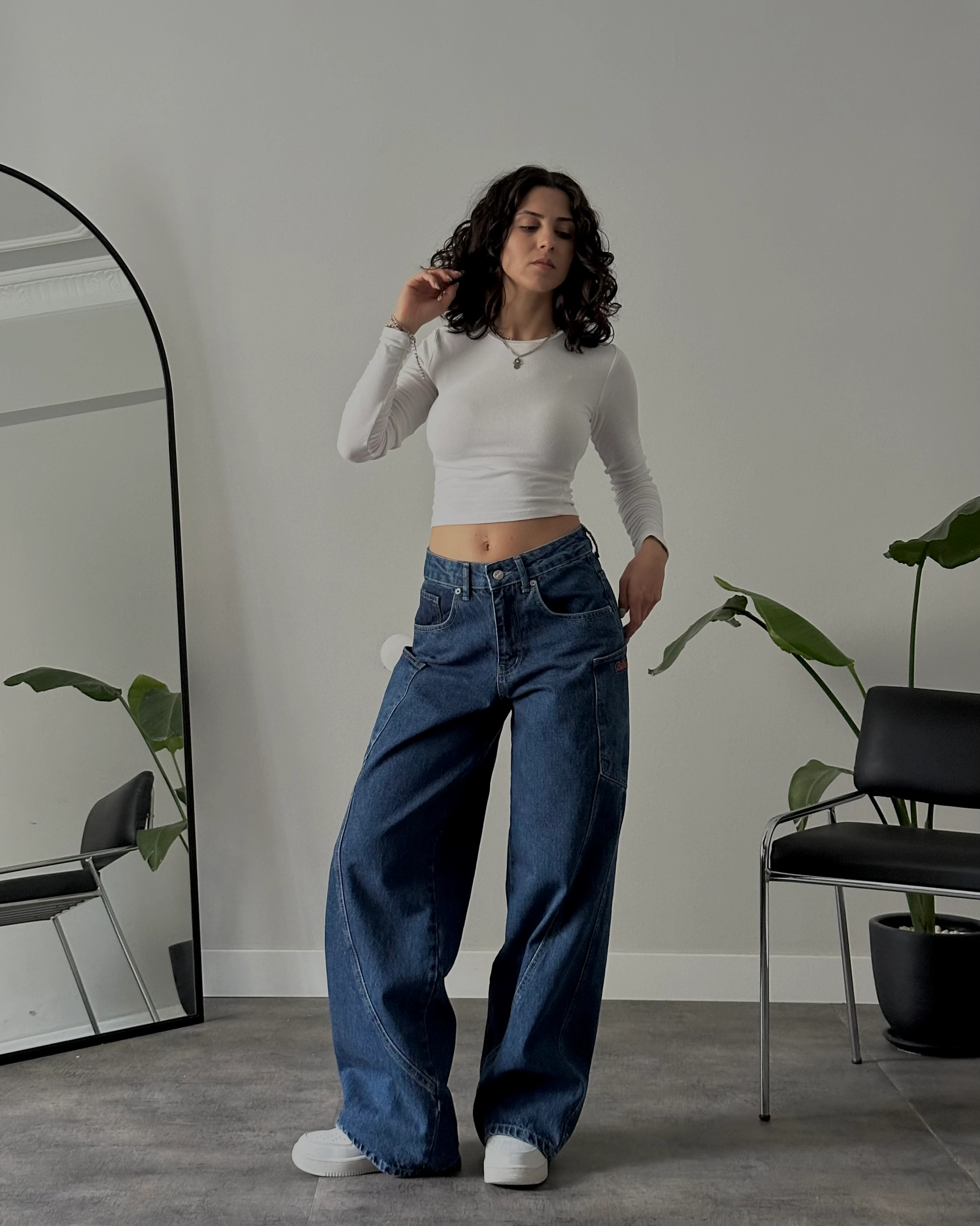 Yüksek Bel Mavi Kargo Detaylı Baggy Jean