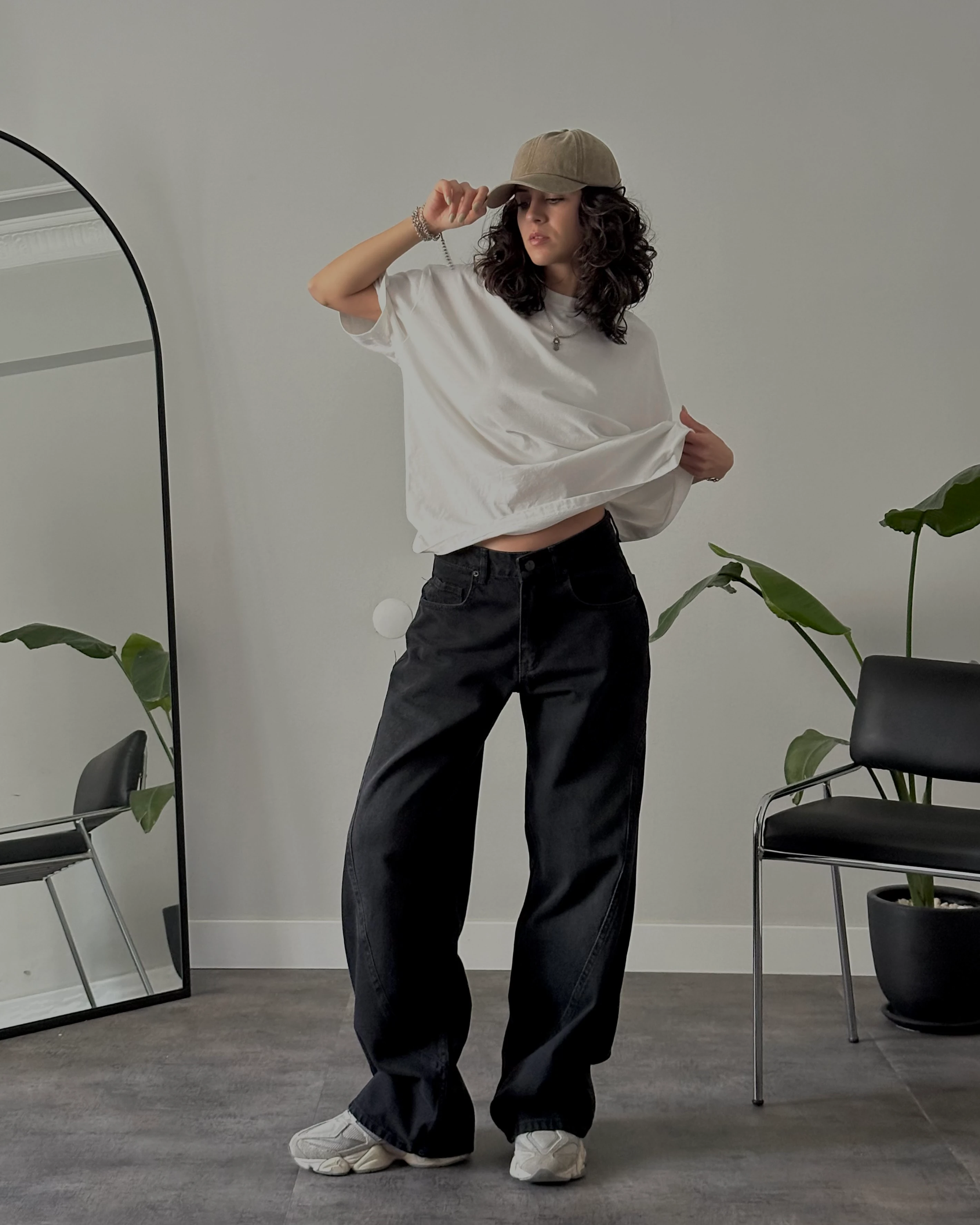 Yüksek Bel Siyah Kavis Dikişli Retro Baggy Jean