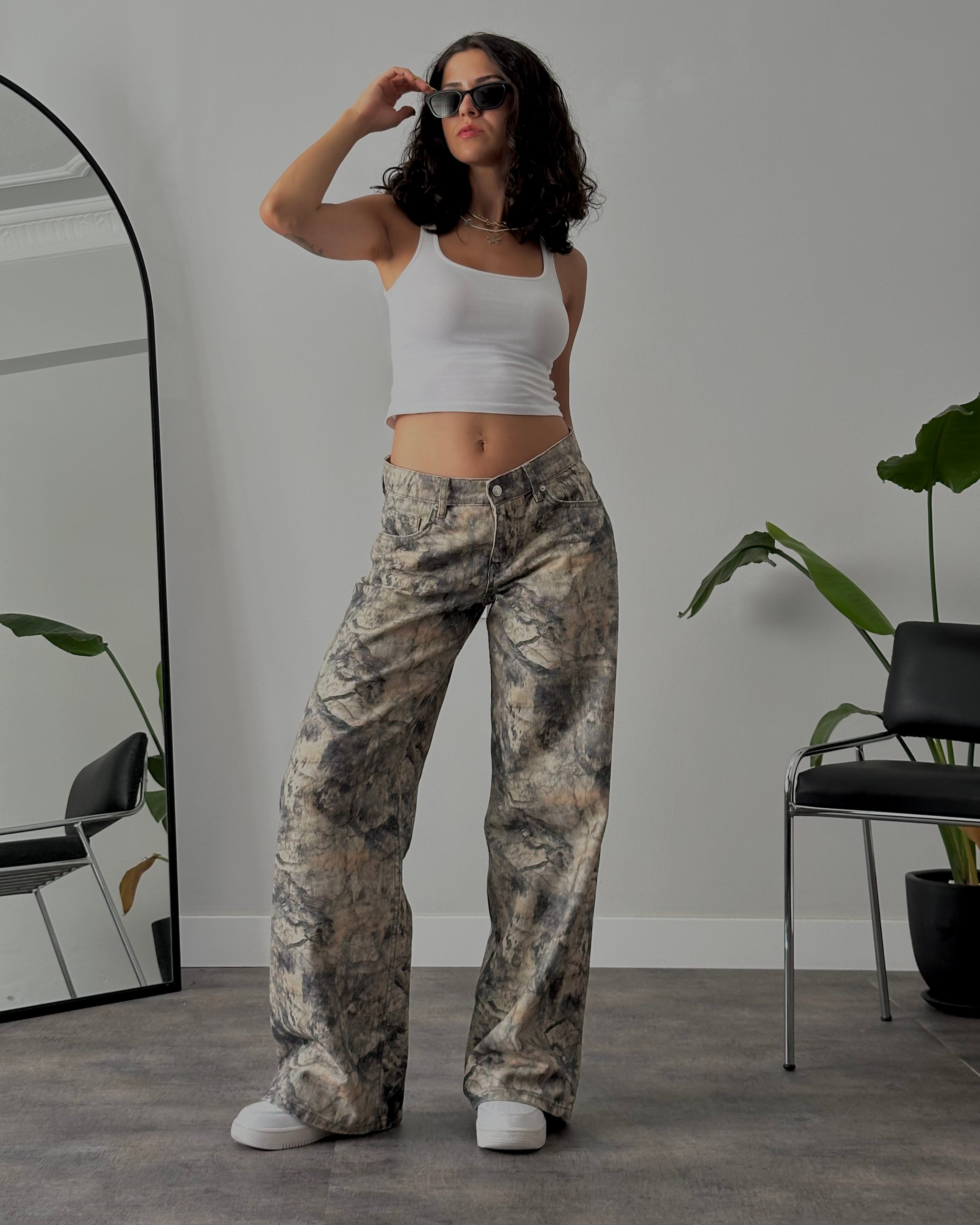 Baskılı Düşük Bel Baggy Fit Pantolon
