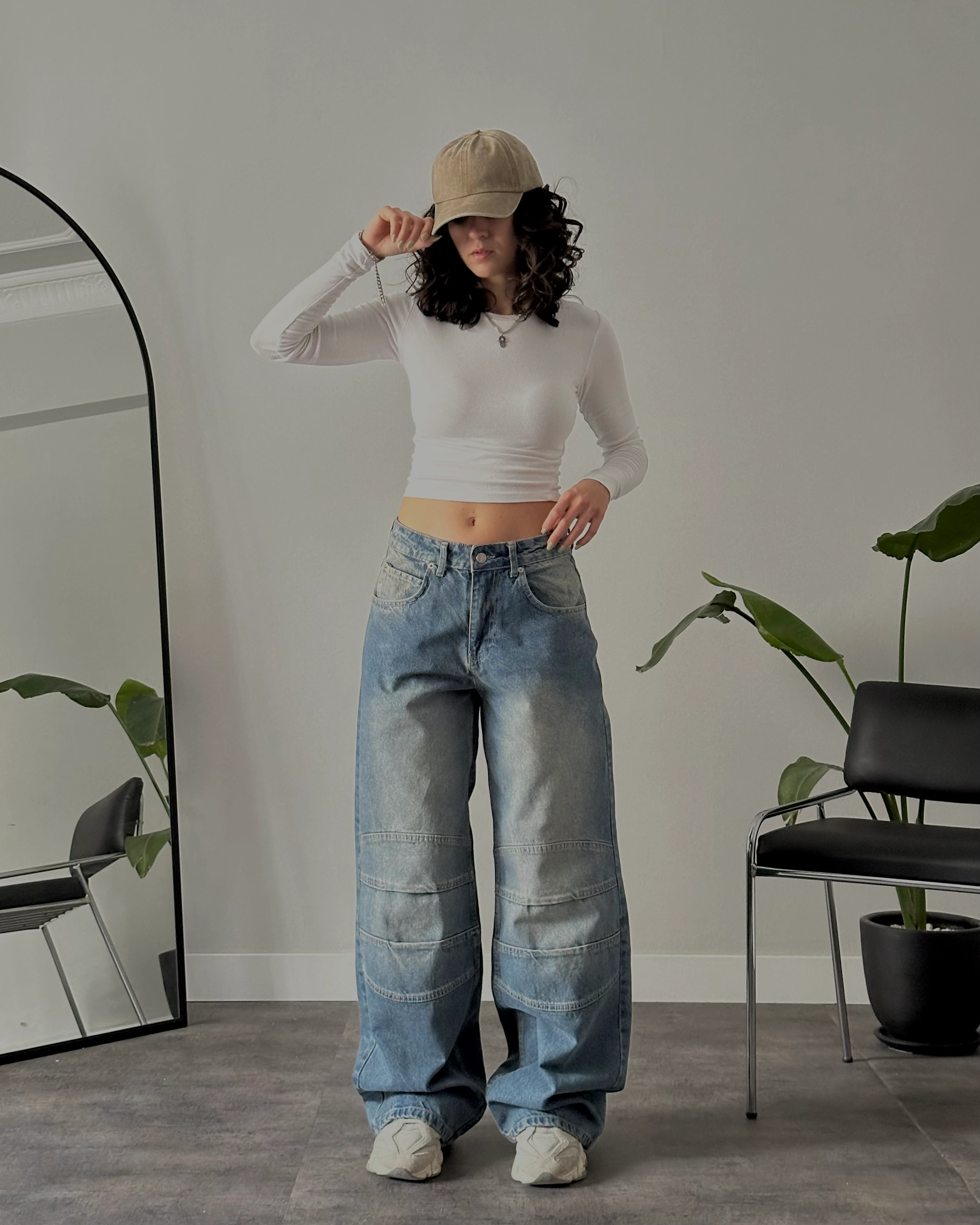 Yüksek Bel Mavi Dizi Pileli Ultra Baggy Vintage Jean