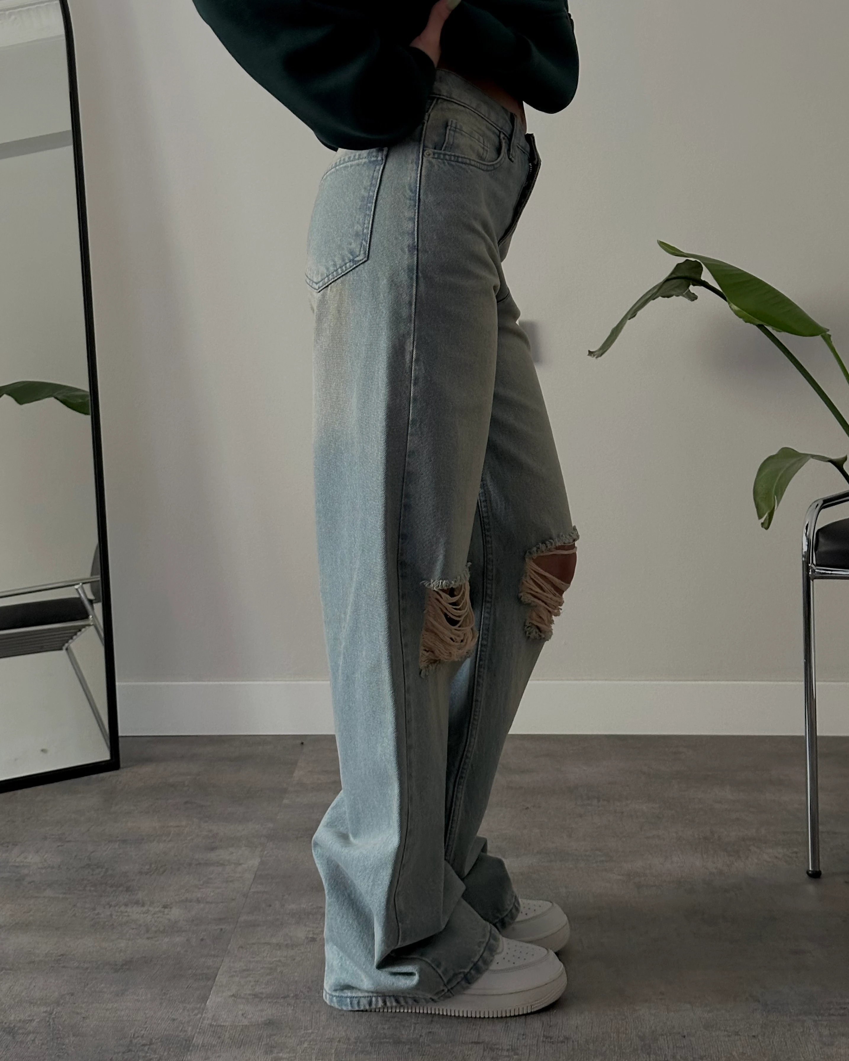 Yüksek Bel Yırtık Detaylı Mavi Vintage Baggy Fit Jean