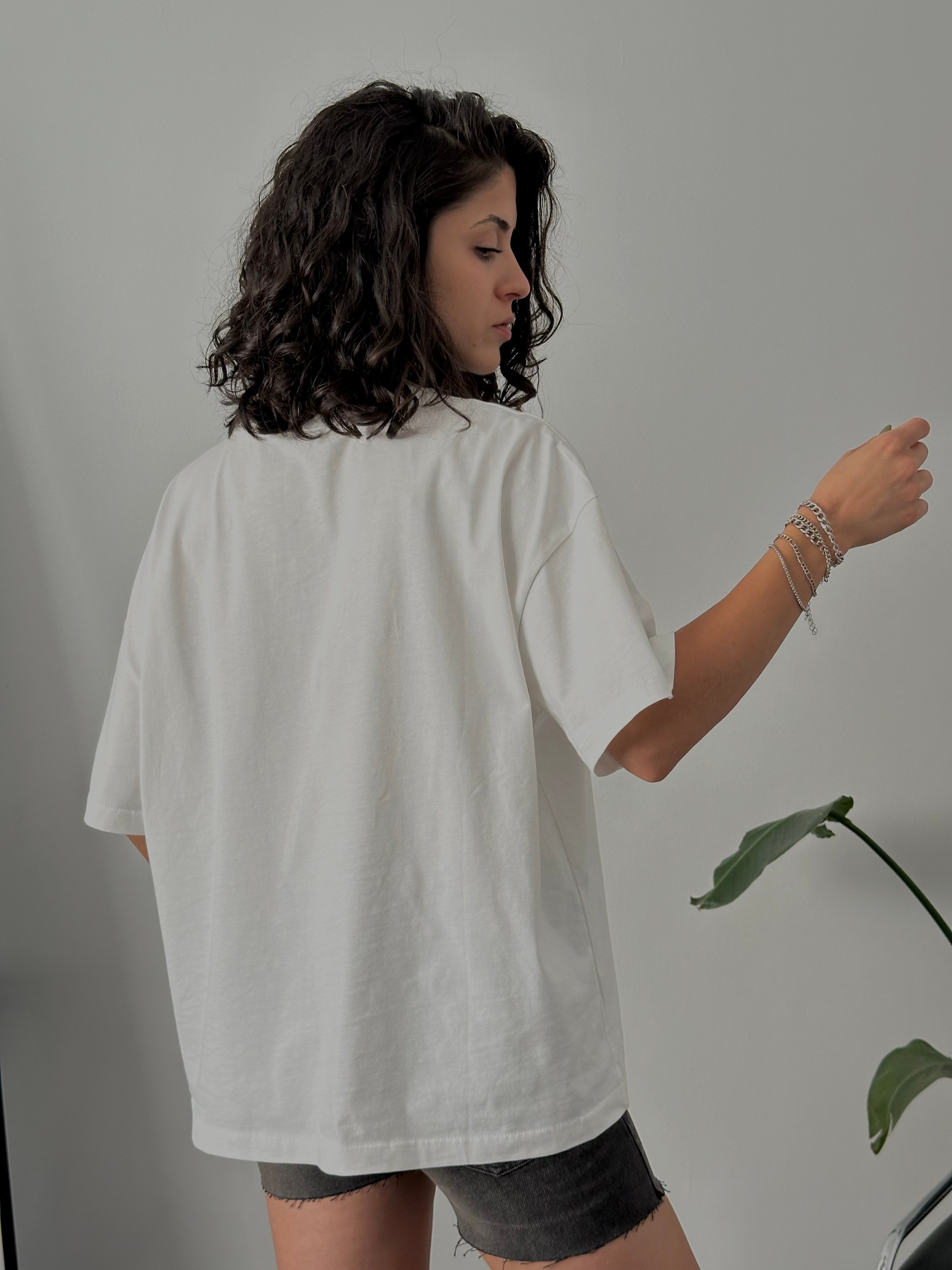 %100 Pamuk Oversize Basic Tişört - Beyaz