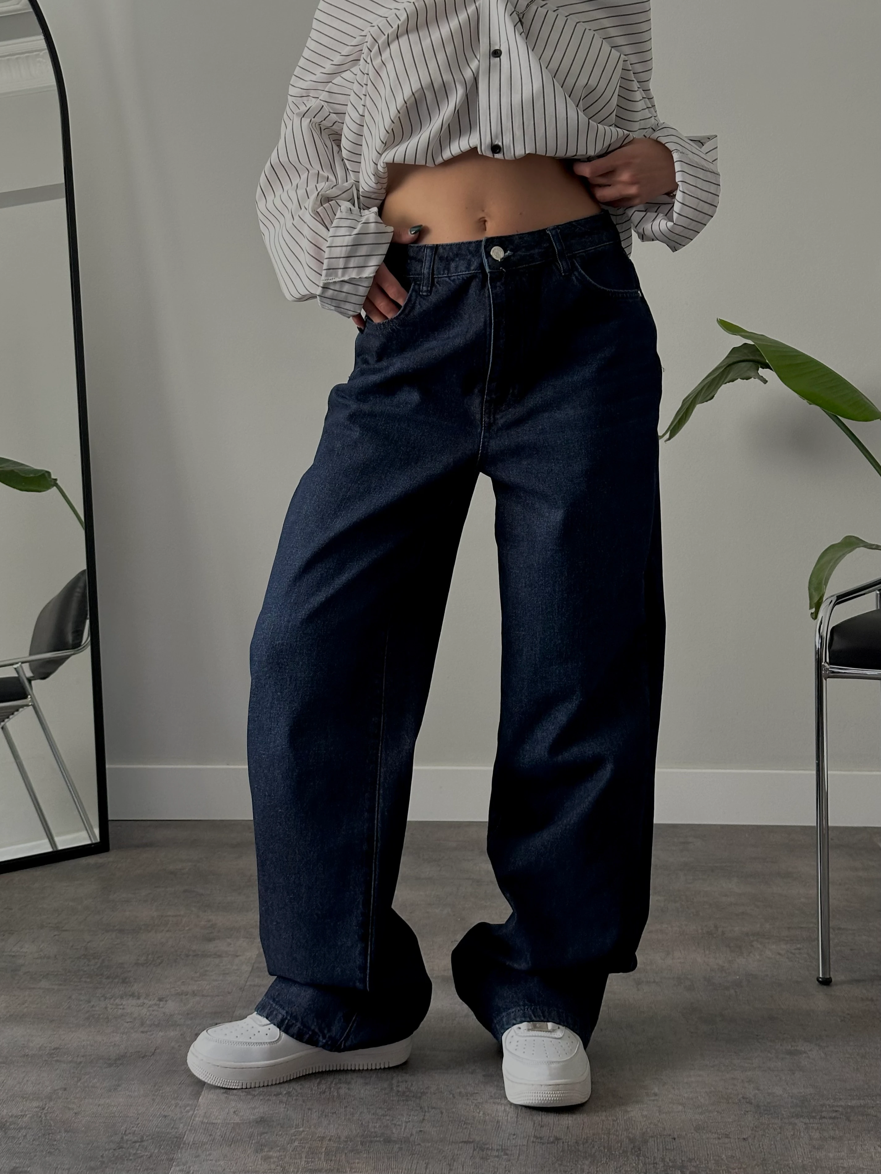 Yüksek Bel Koyu Mavi Wide Leg Flare Jean