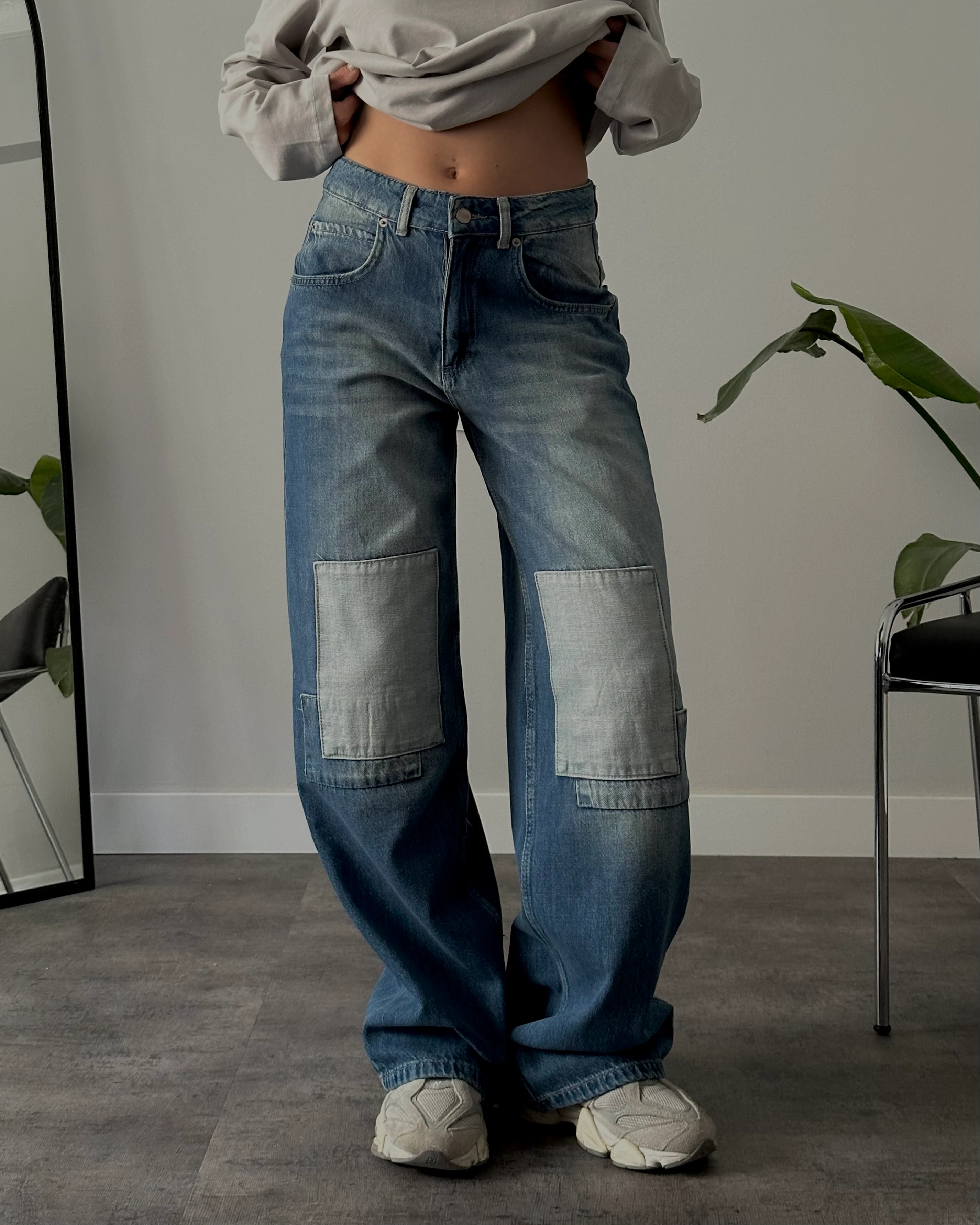 Yüksek Bel Mavi Dizi Yamalı Retro Baggy Jean