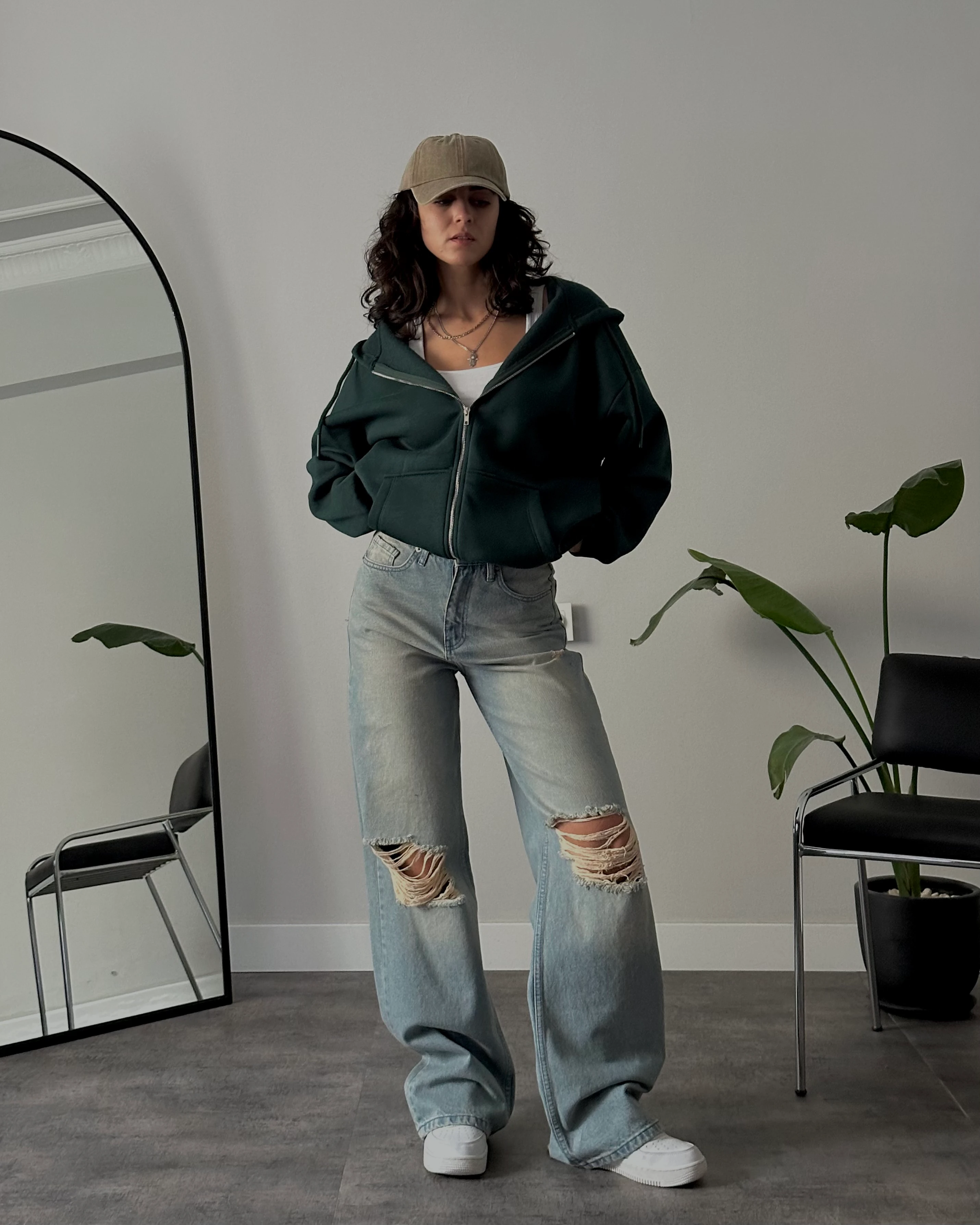 Yüksek Bel Yırtık Detaylı Mavi Vintage Baggy Fit Jean
