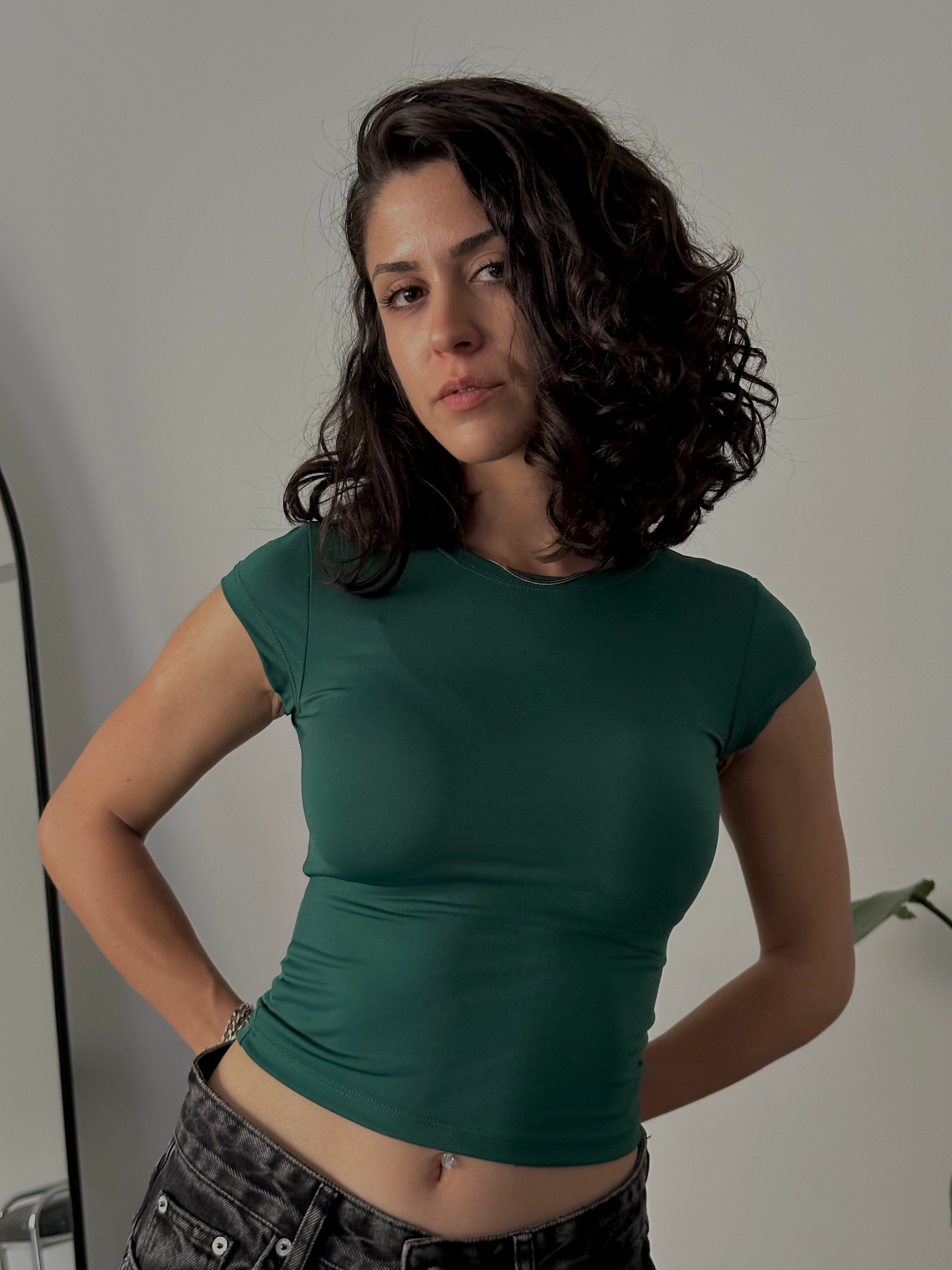Slim Fit Basic Kısa Kollu Crop  - Yeşil
