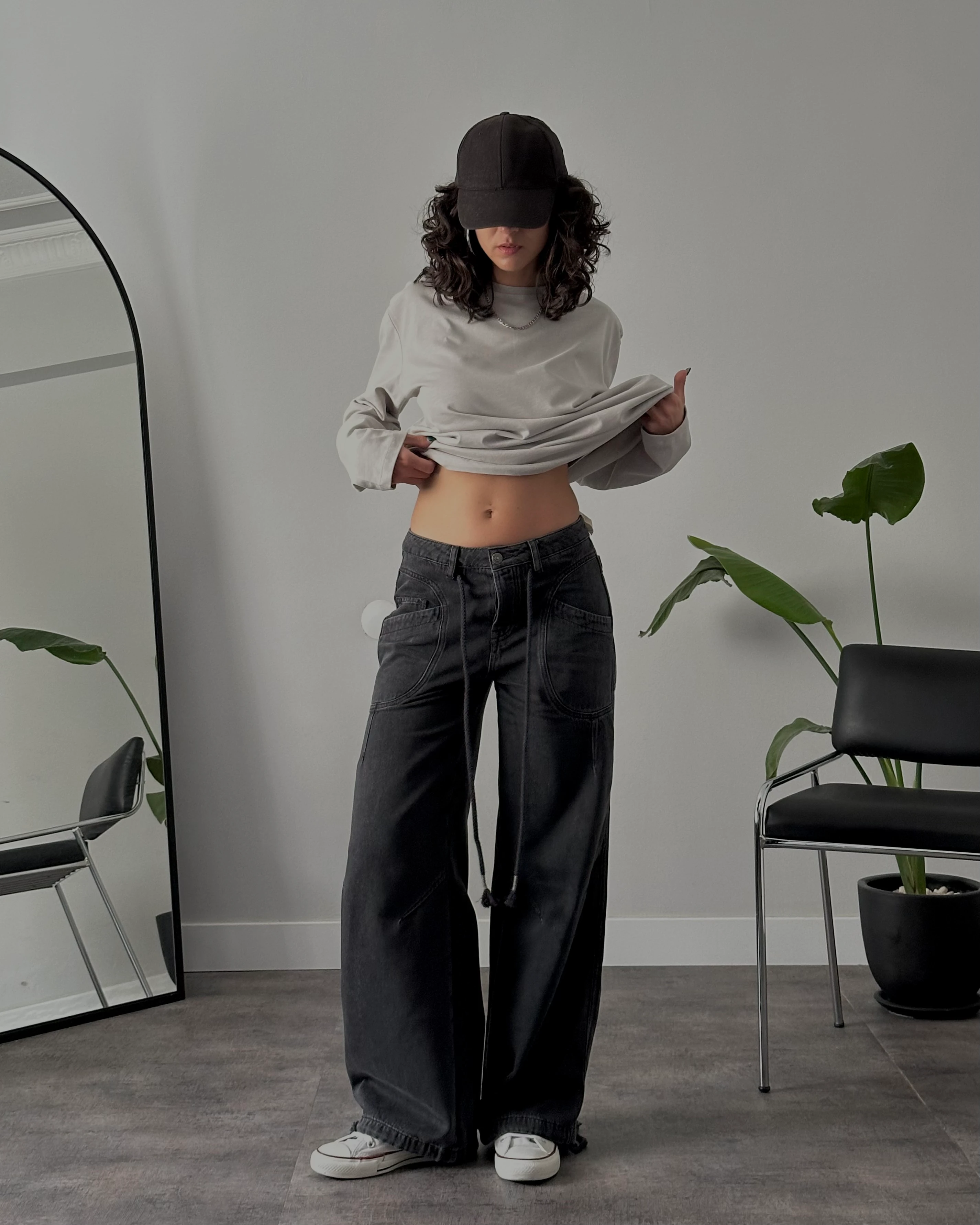 Orta Bel Relaxed Büzgülü Paça Jean - Siyah Denim