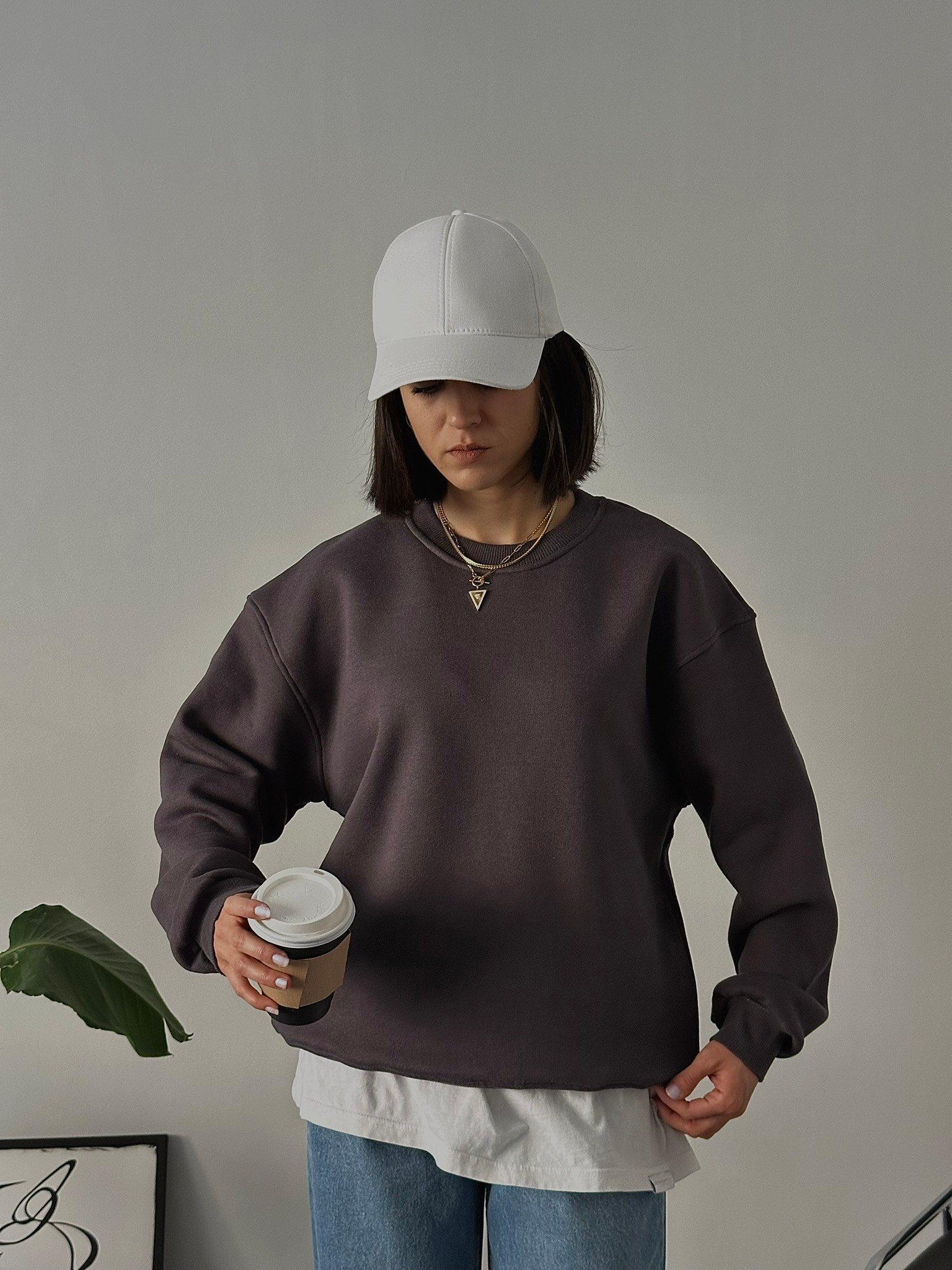 Oversize Kadın Bisiklet Yaka Basic Sweatshirt - Antrasit