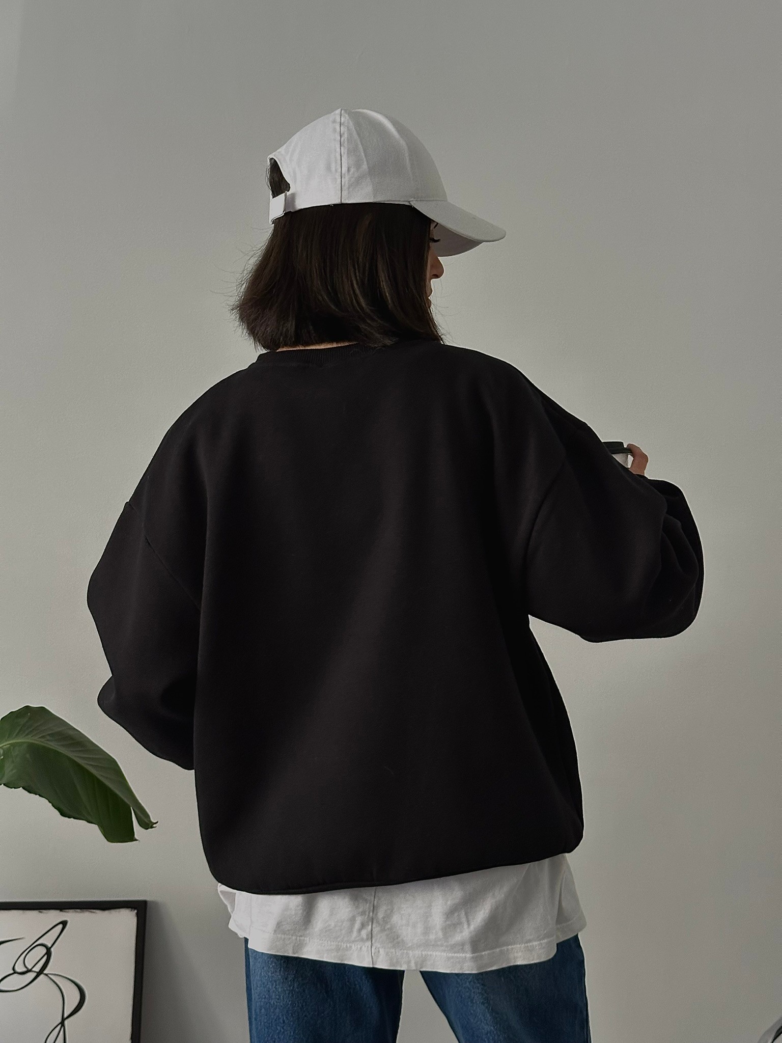 Oversize Kadın Bisiklet Yaka Basic Sweatshirt - Siyah