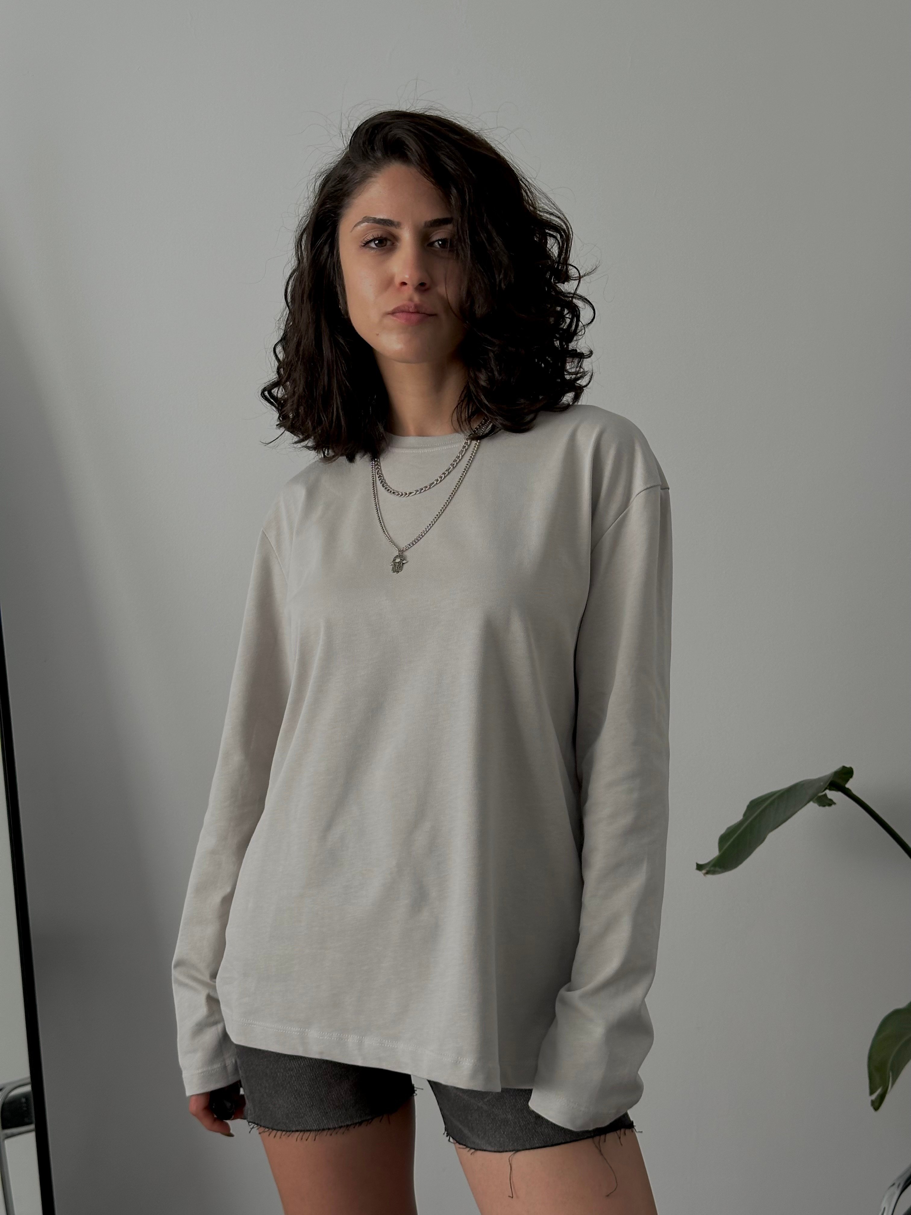 100% Cotton Oversize Basic Long Sleeve T-Shirt - Grey