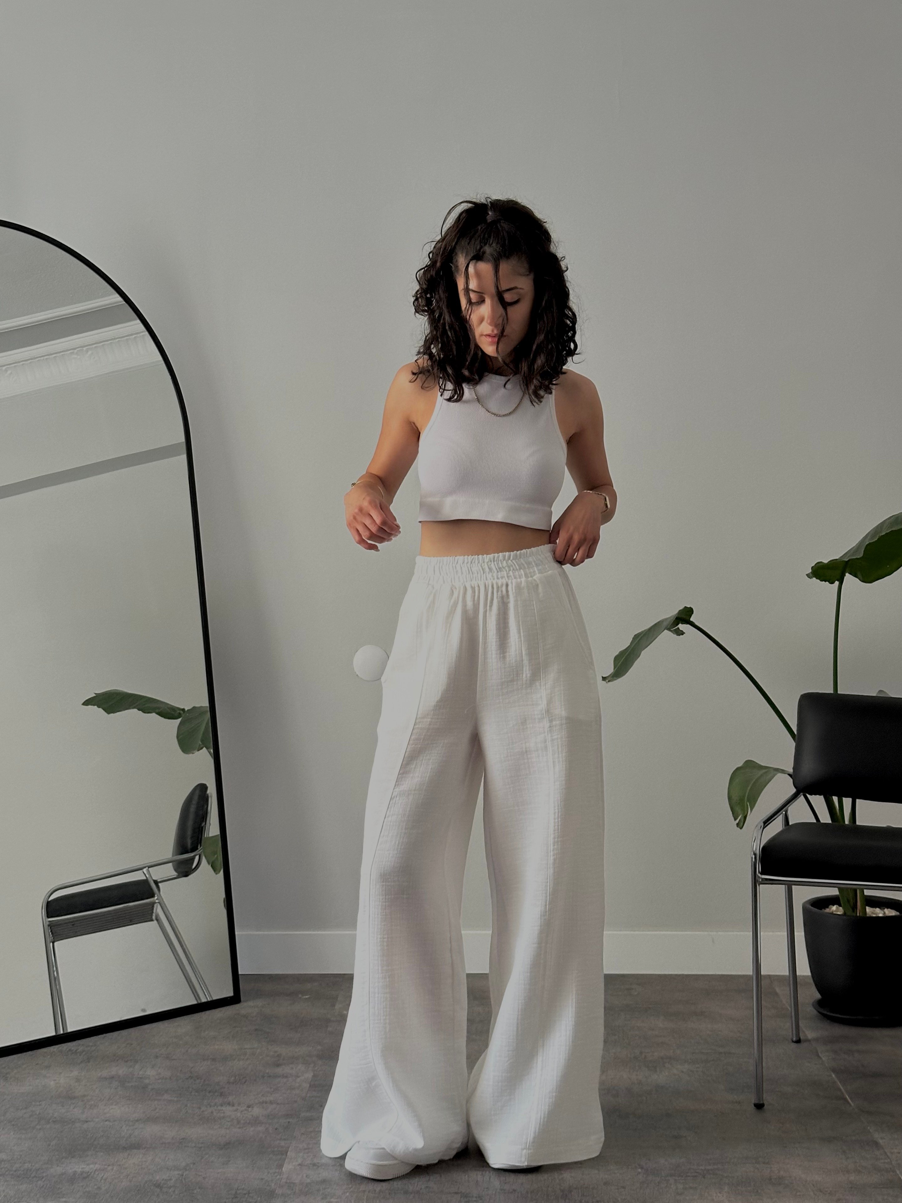 Yüksek Bel Wide Leg Müslin Pantolon - Beyaz