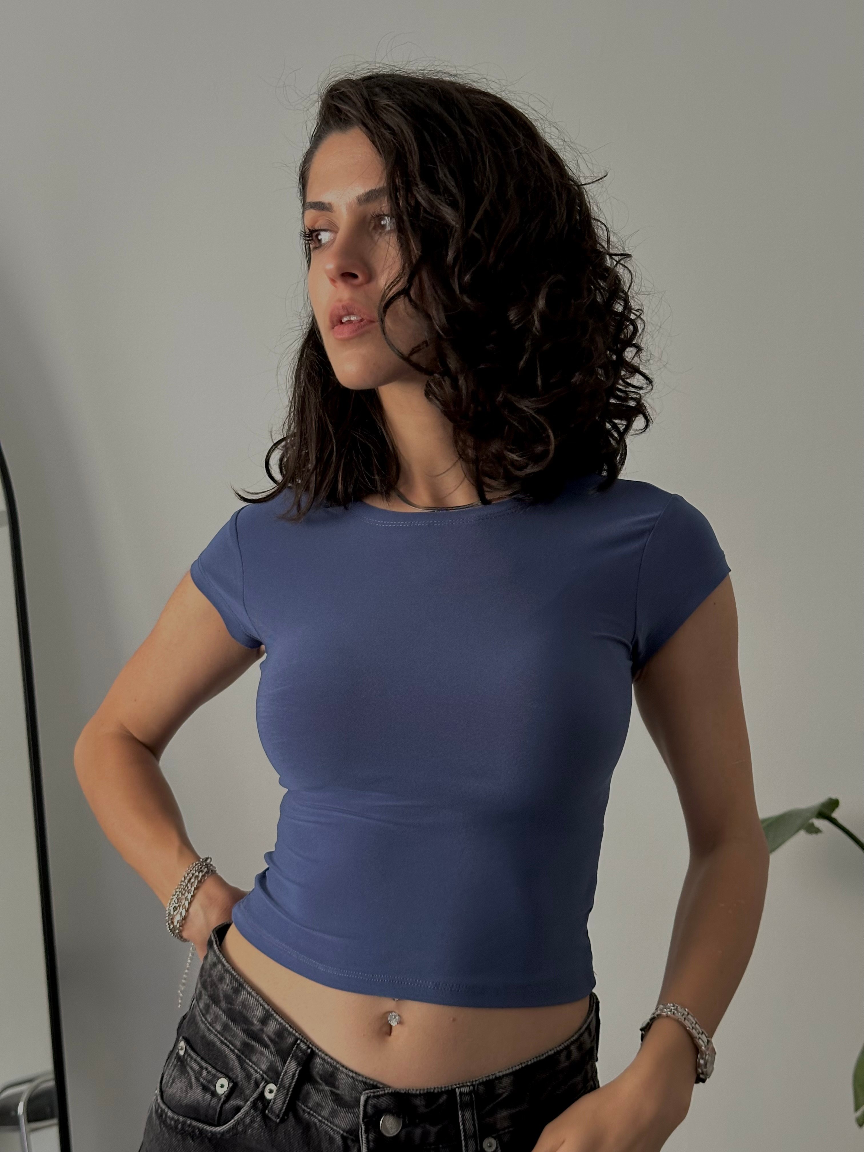 Slim Fit Basic Kısa Kollu Crop  - İndigo