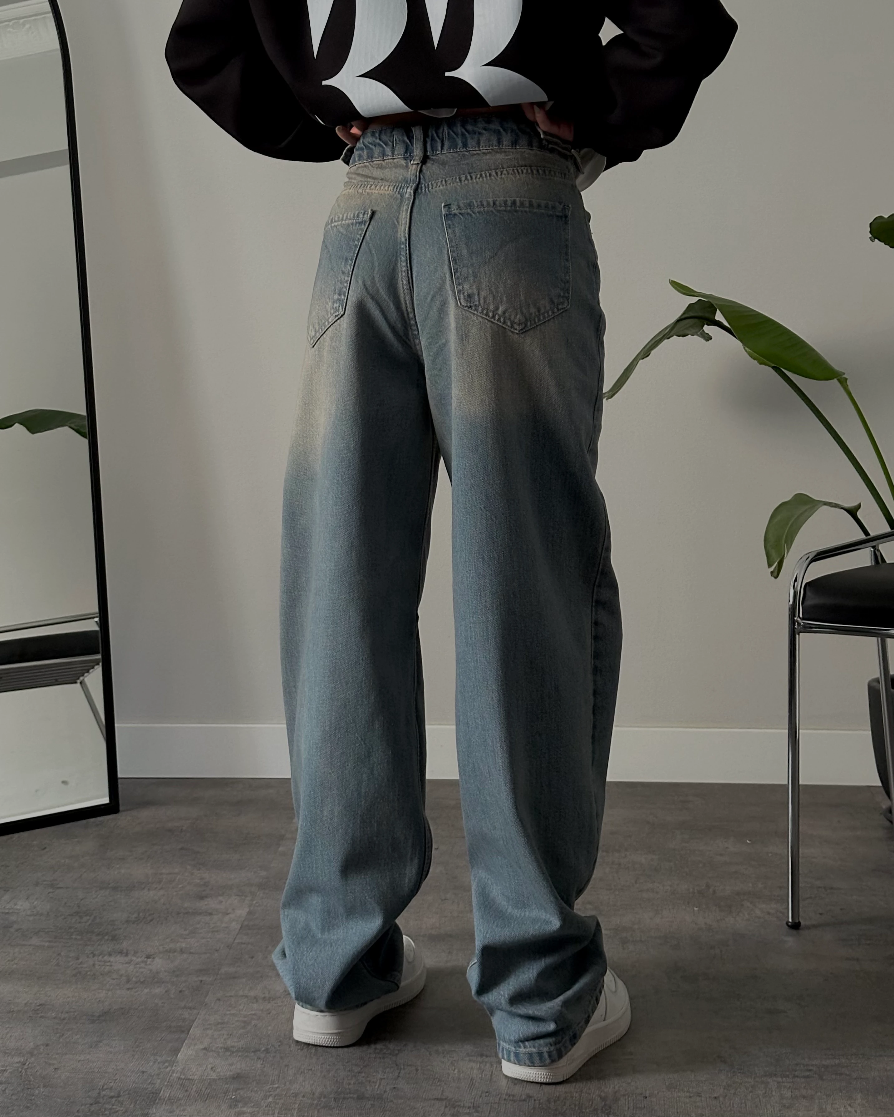 Unisex Yüksek Bel Yandan Tokalı Mavi Vintage Baggy Jean