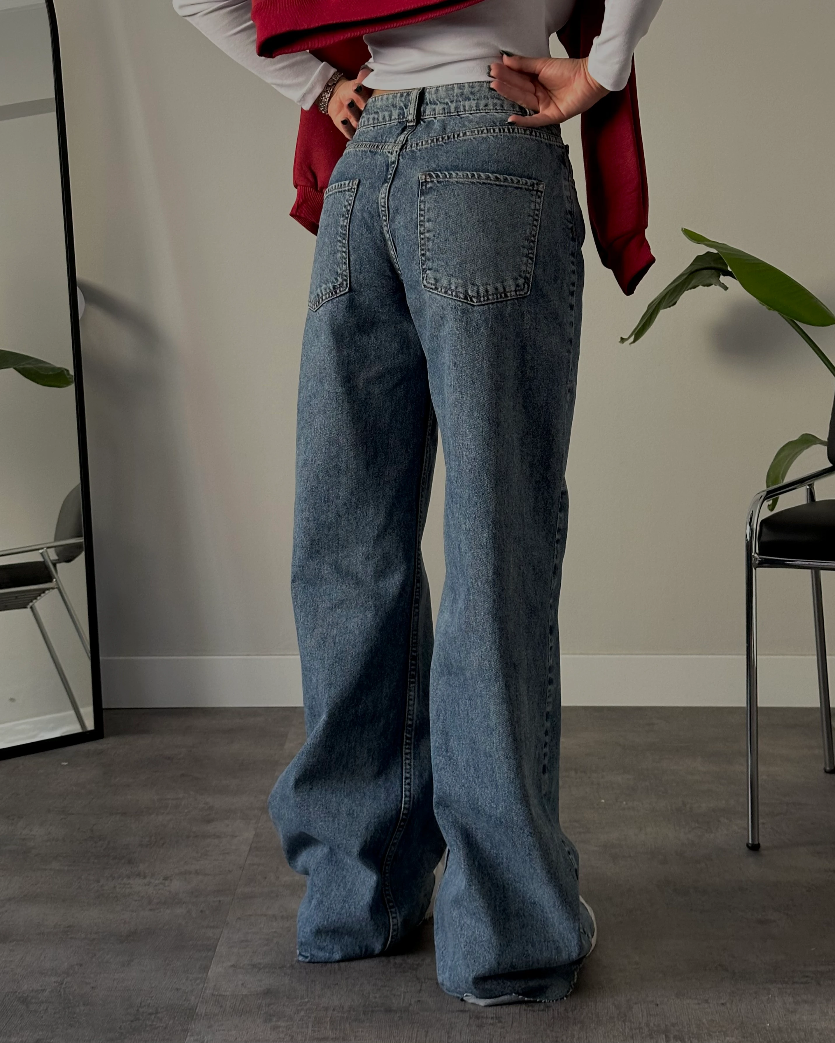 Yüksek Bel Mavi Yıkamalı Wide Leg Jean