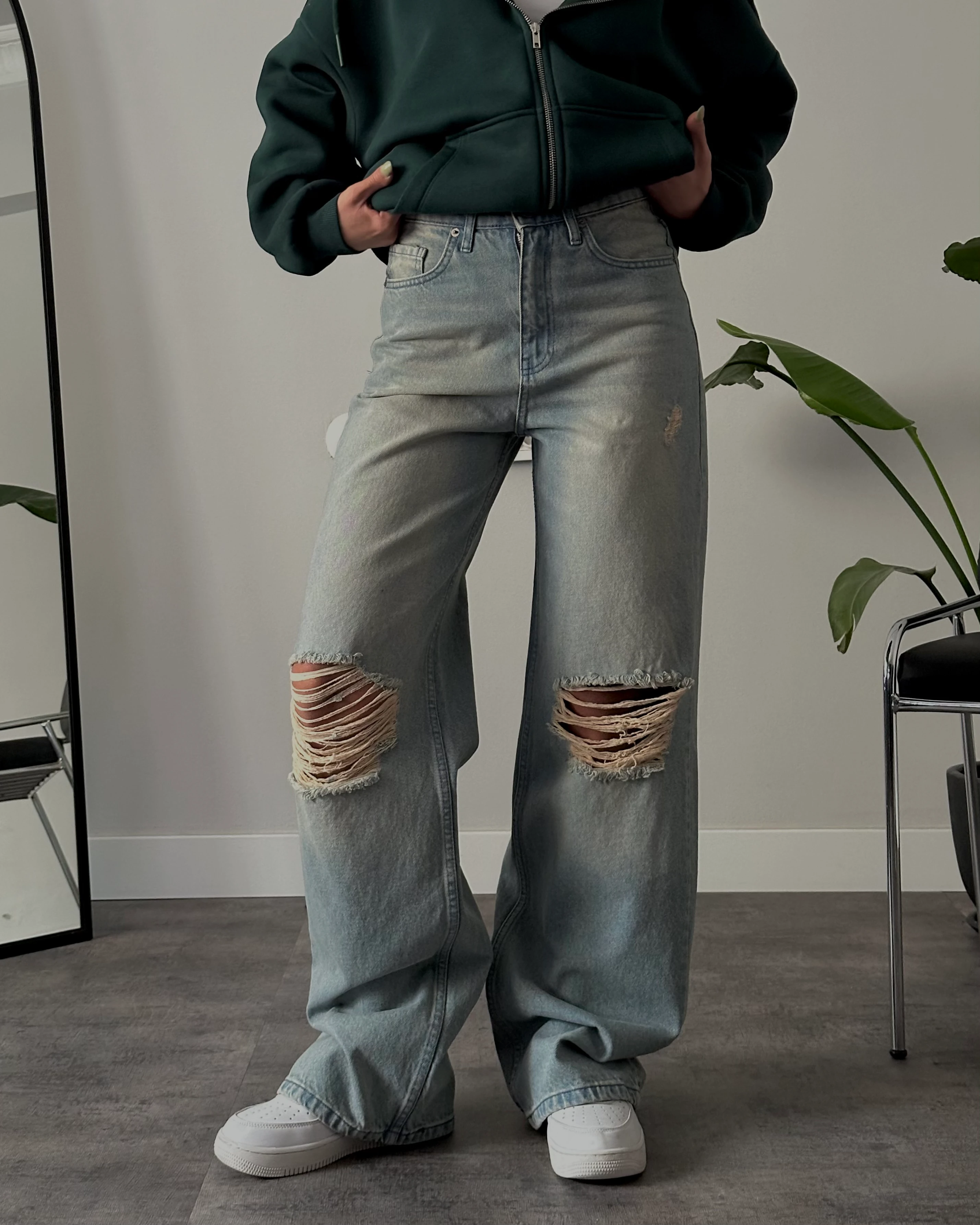 Yüksek Bel Yırtık Detaylı Mavi Vintage Baggy Fit Jean